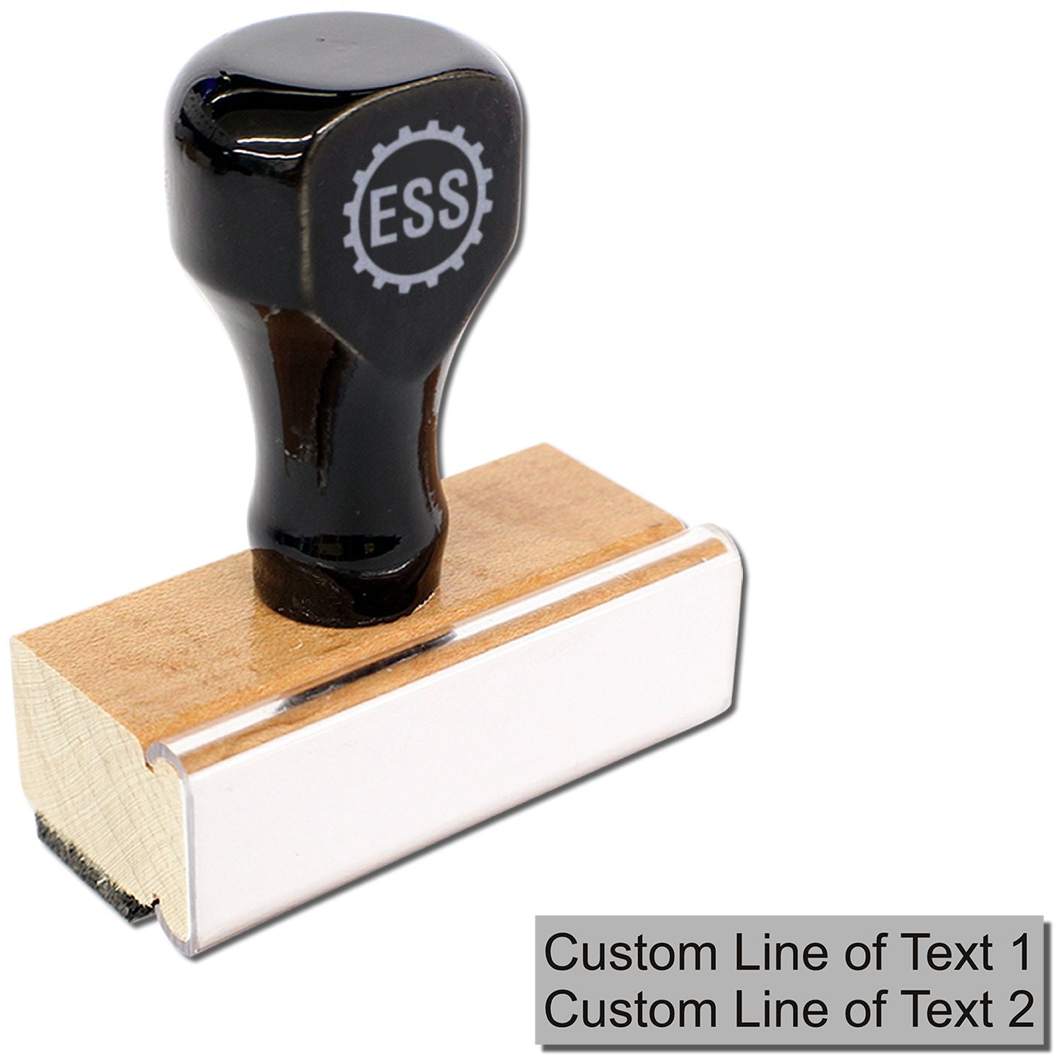 2 Line Custom Rubber Stamp with Wood Handle, featuring a black top with ESS logo, wooden base, and customizable text lines.