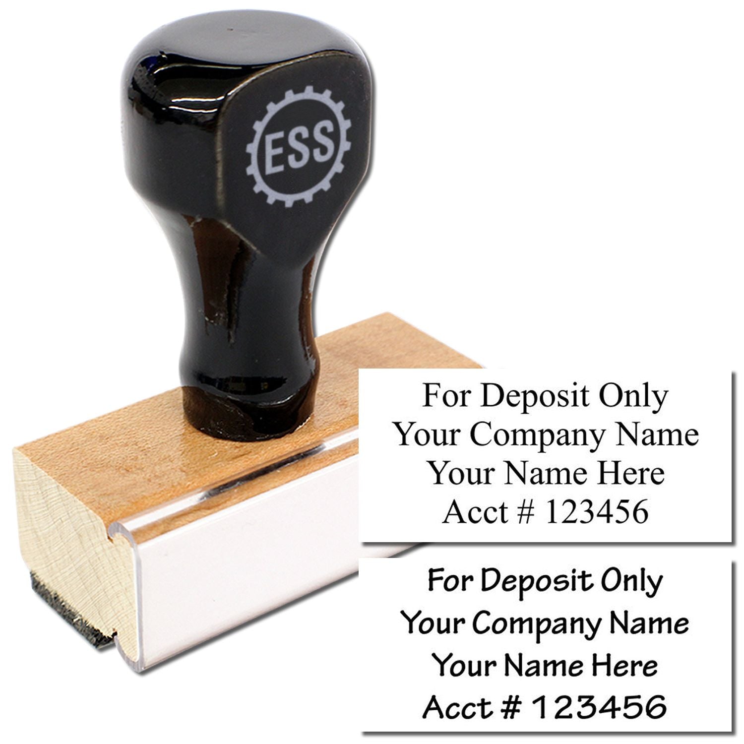 4 Line Regular Rubber Check Endorsement Stamp with wooden base and black handle, showing sample text: For Deposit Only, Your Company Name, Your Name Here, Acct # 123456 .