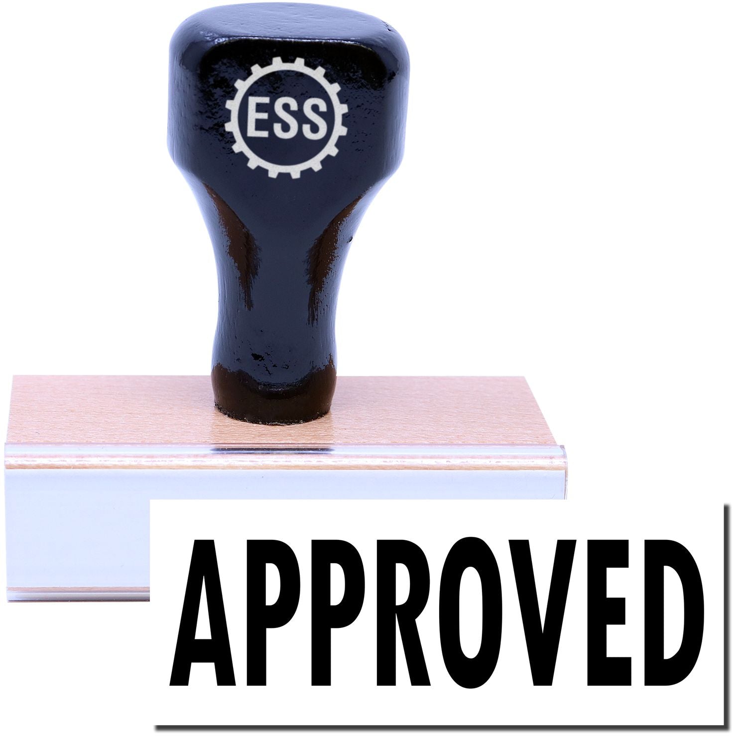 A stock office rubber stamp with a stamped image showing how the text APPROVED is displayed after stamping.