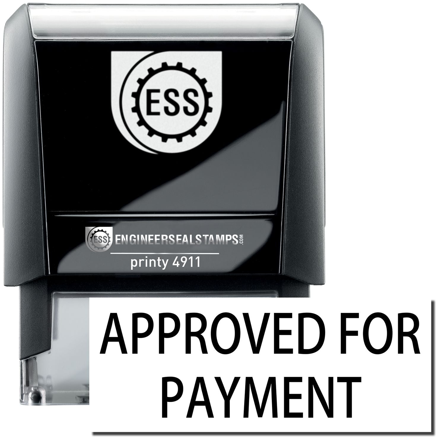 A self-inking stamp with a stamped image showing how the text APPROVED FOR PAYMENT is displayed after stamping.