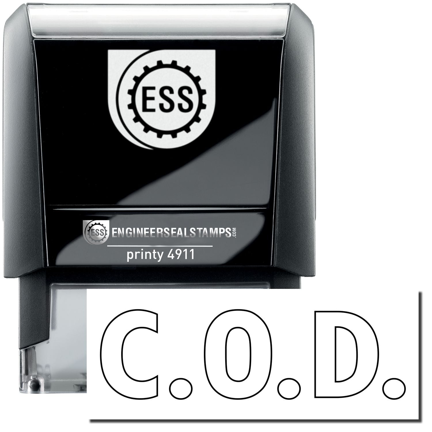 A self-inking stamp with a stamped image showing how the text C.O.D. in an outline style is displayed after stamping.