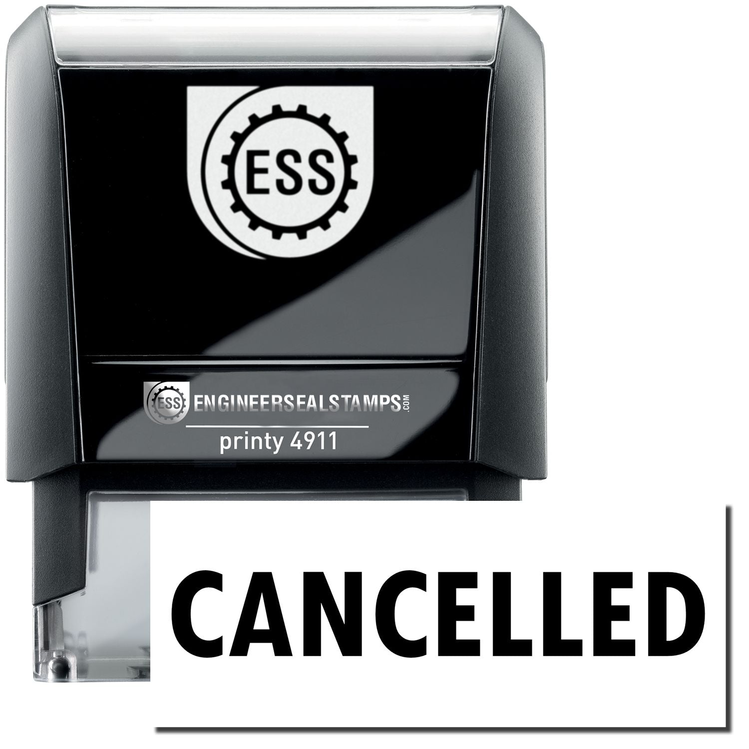 A self-inking stamp with a stamped image showing how the text CANCELLED is displayed after stamping.