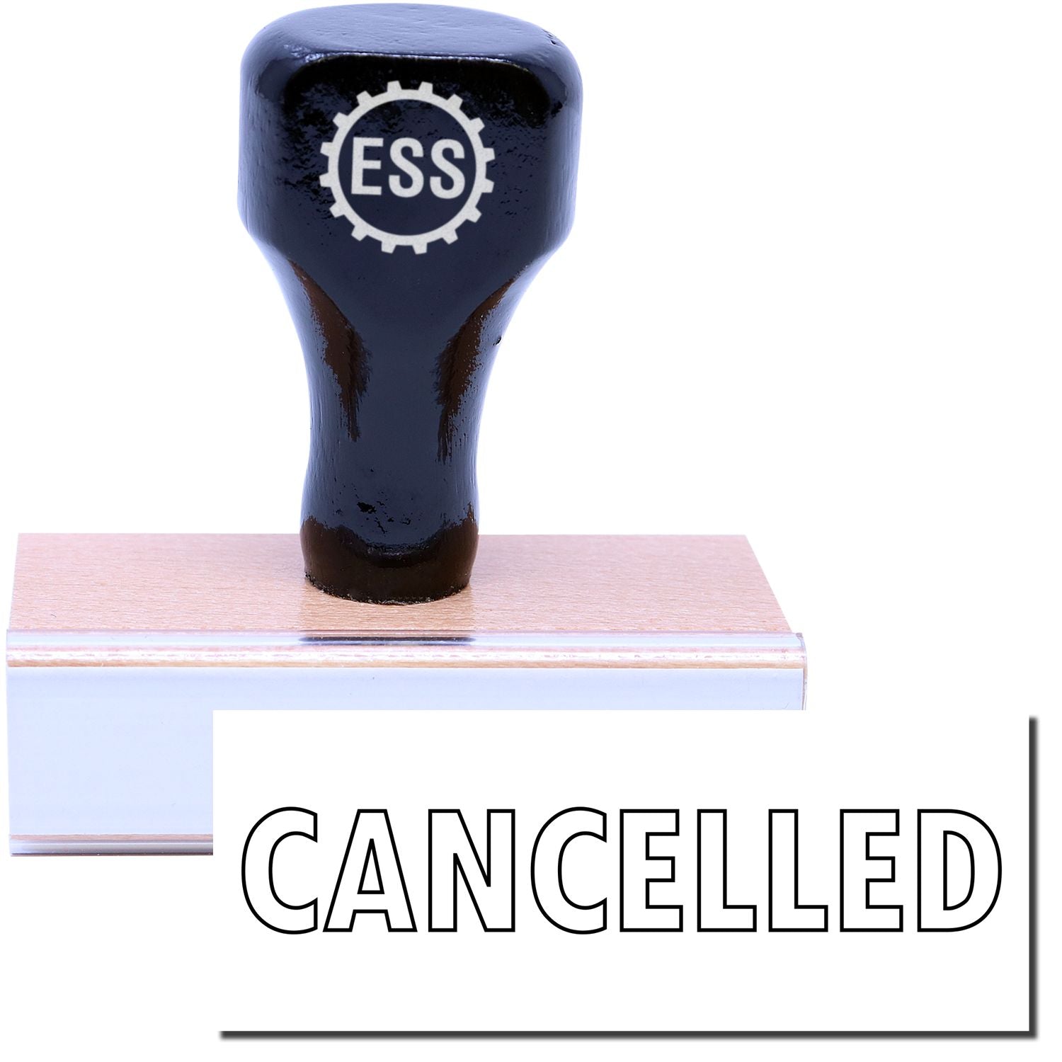 A stock office rubber stamp with a stamped image showing how the text "CANCELLED" in an outline font is displayed after stamping.