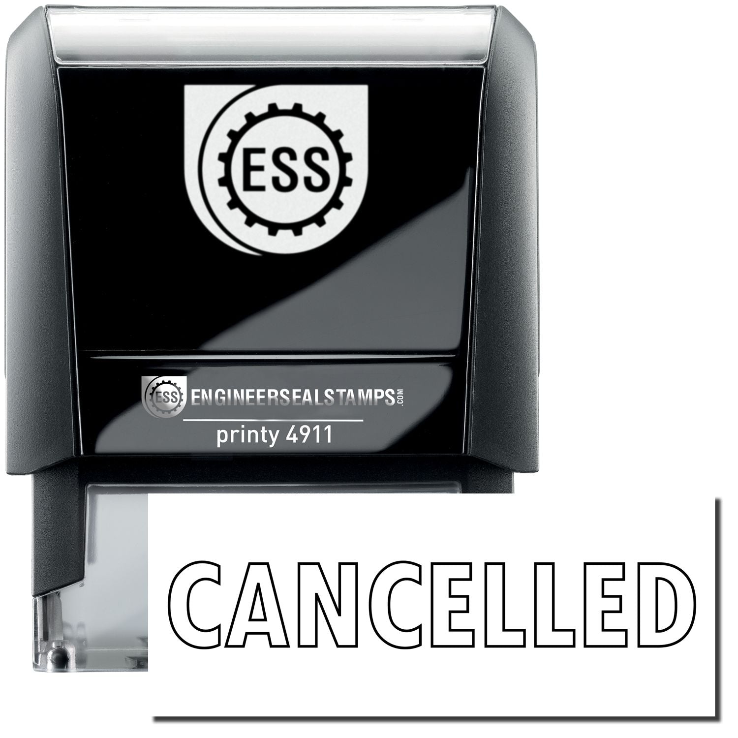 Self Inking Outline Cancelled Stamp with black casing, ESS logo, and the word CANCELLED in bold outline font on a white background.