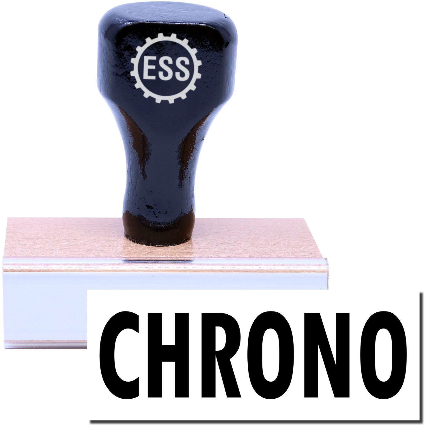 A stock office rubber stamp with a stamped image showing how the text CHRONO is displayed after stamping.