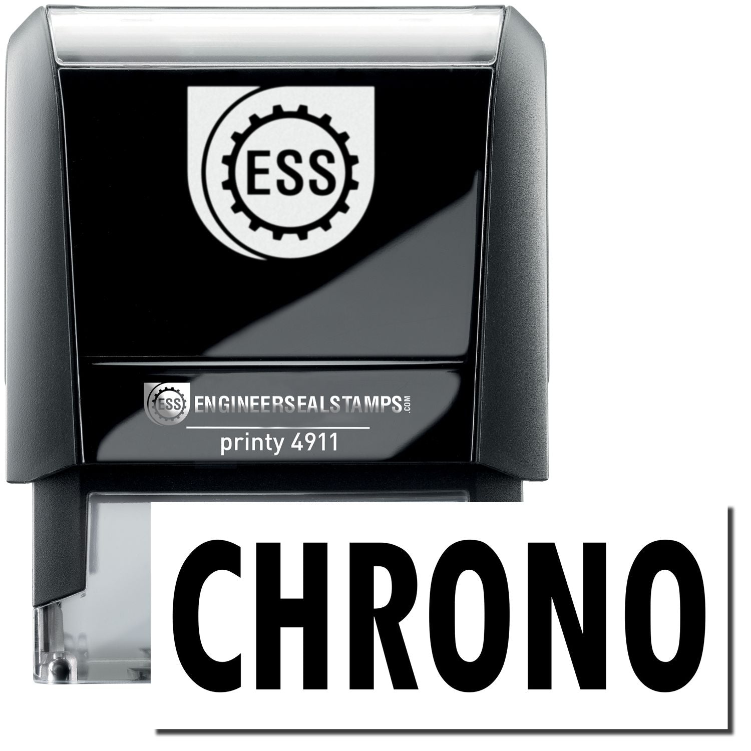 A self-inking stamp with a stamped image showing how the text CHRONO is displayed after stamping.