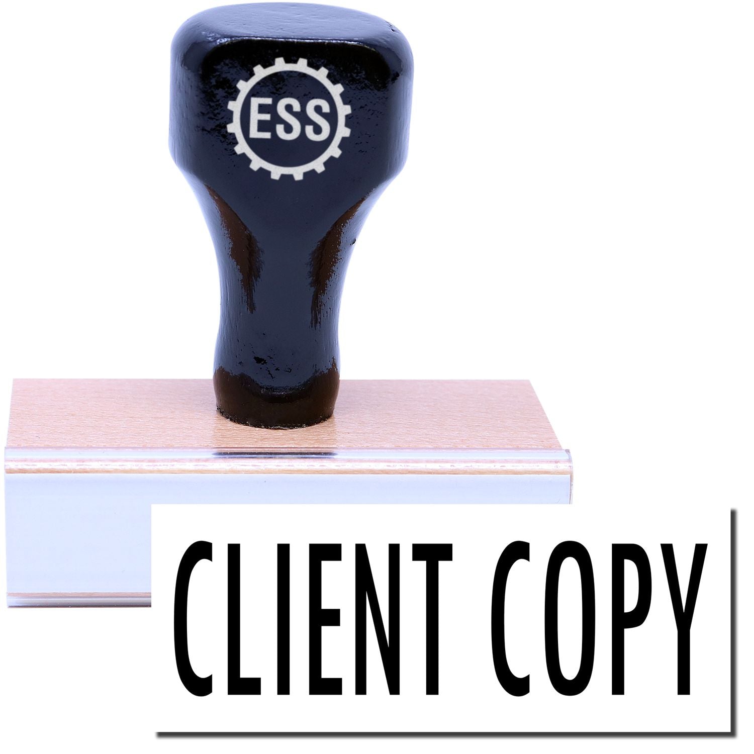 A stock office rubber stamp with a stamped image showing how the text CLIENT COPY is displayed after stamping.