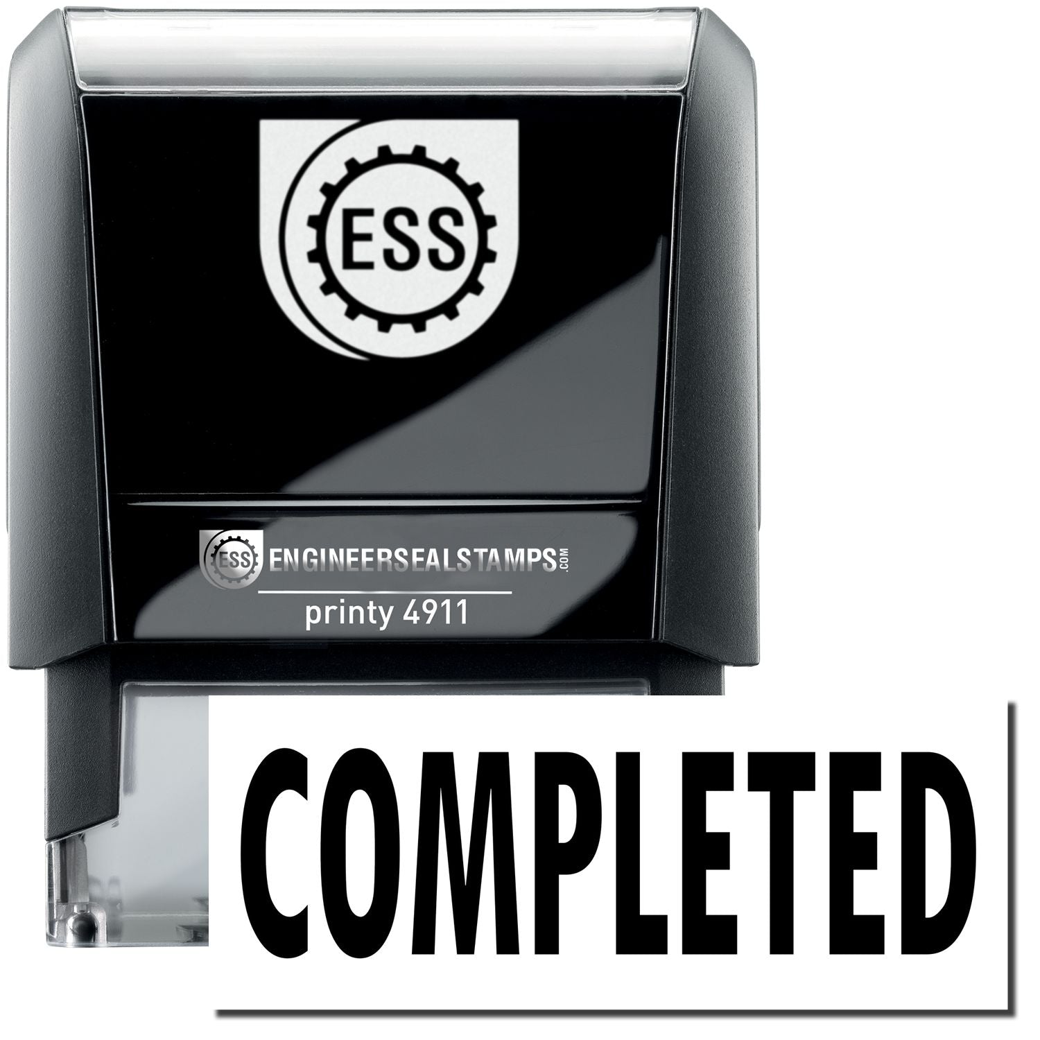 A self-inking stamp with a stamped image showing how the text COMPLETED is displayed after stamping.