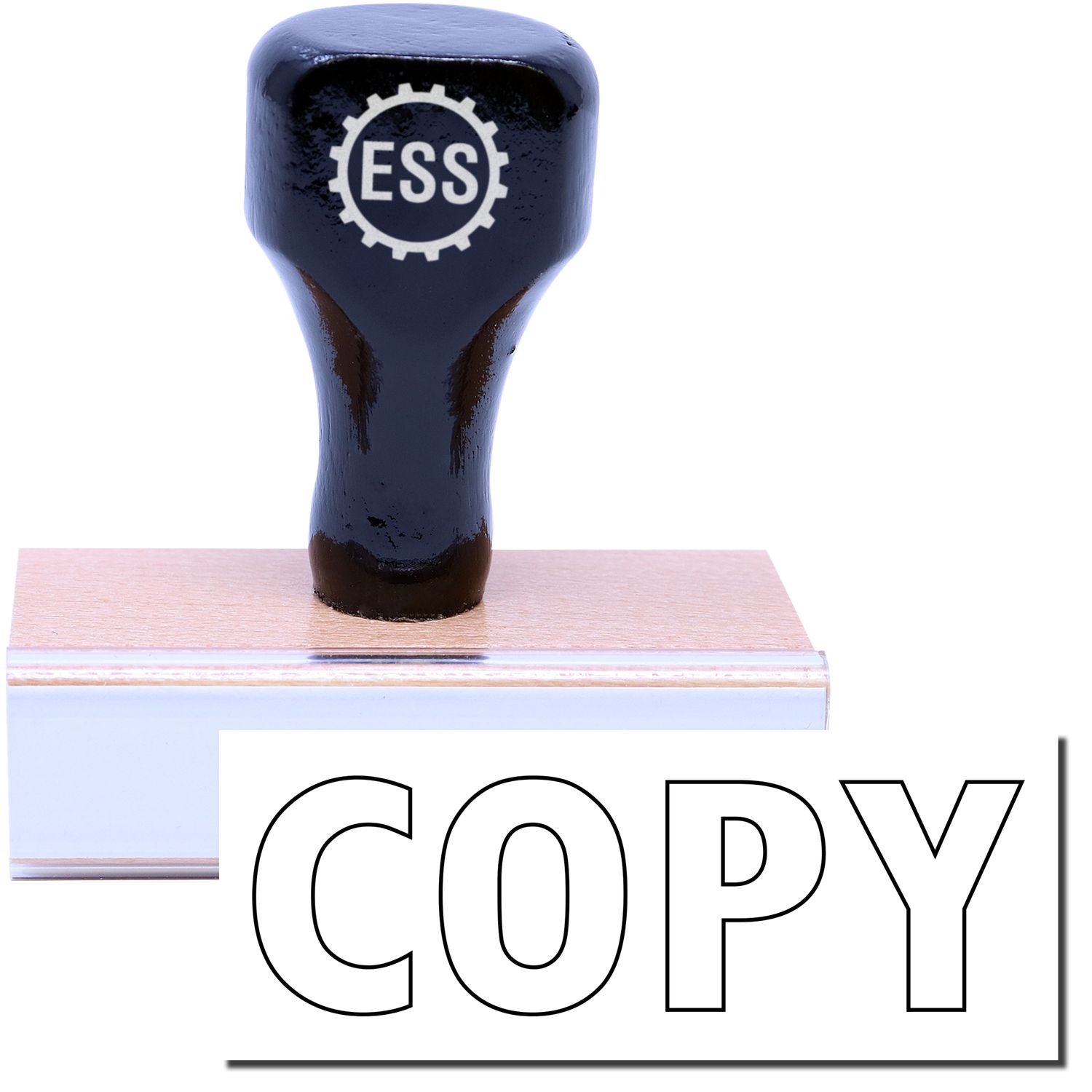 A stock office rubber stamp with a stamped image showing how the text COPY in an outline font is displayed after stamping.