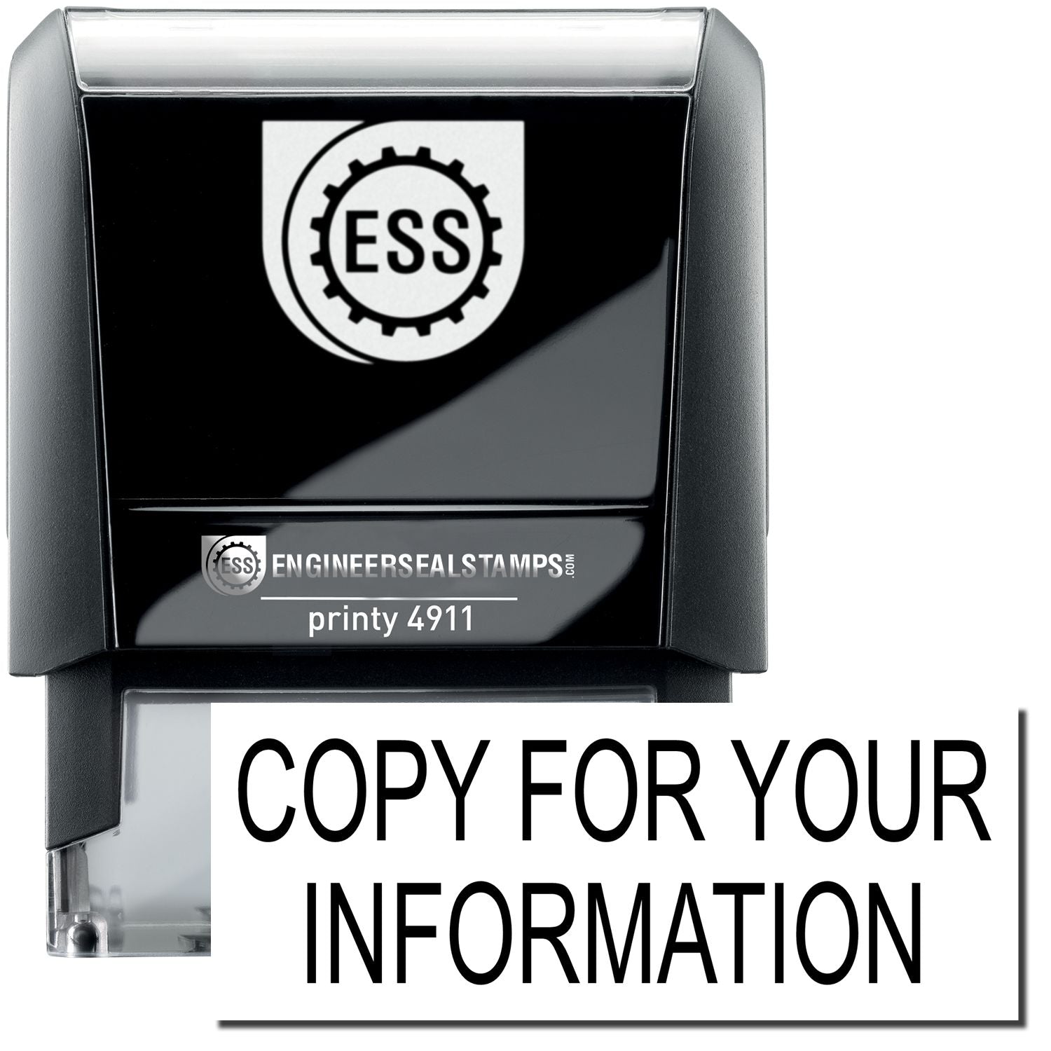 A self-inking stamp with a stamped image showing how the text COPY FOR YOUR INFORMATION is displayed after stamping.