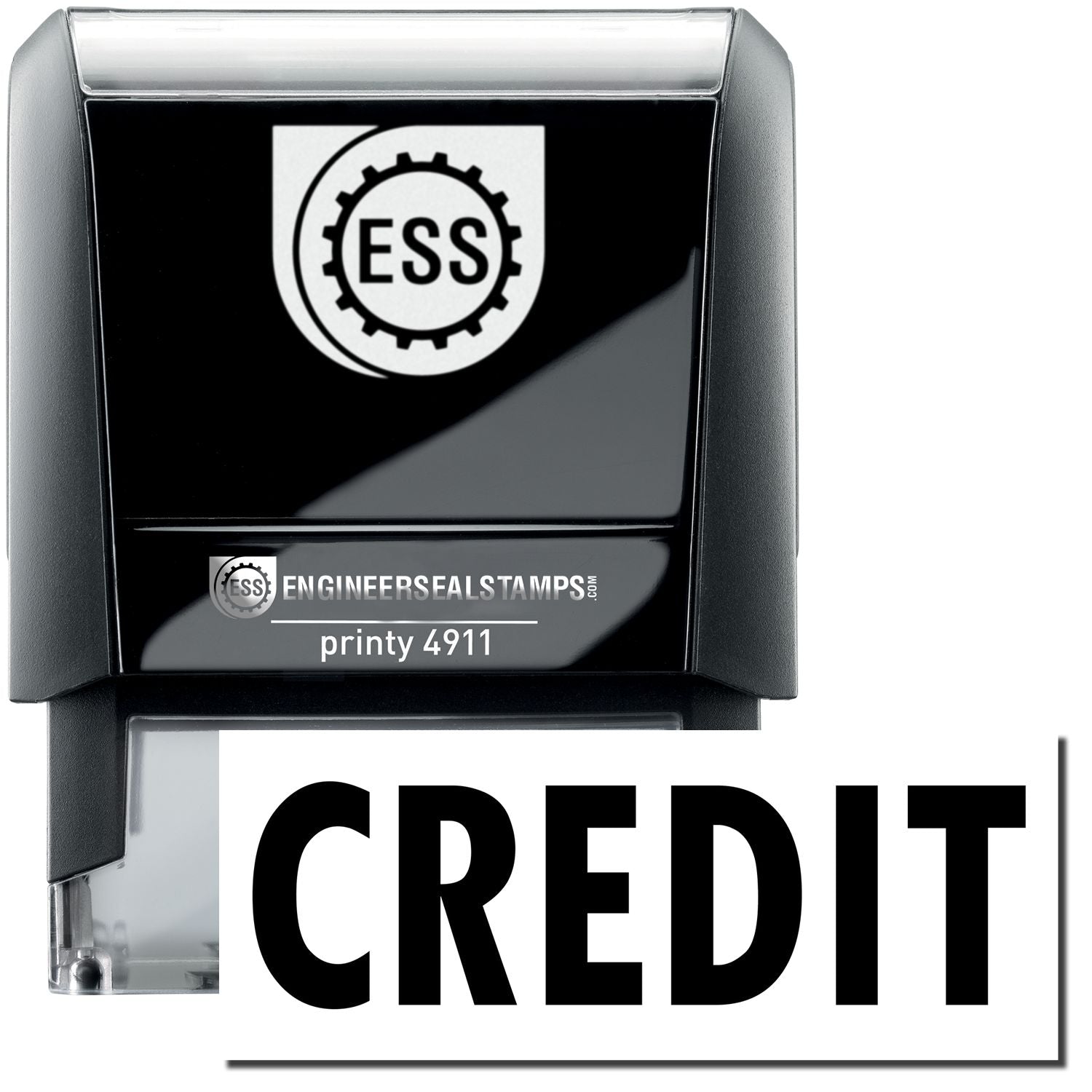 A self-inking stamp with a stamped image showing how the text CREDIT is displayed after stamping.