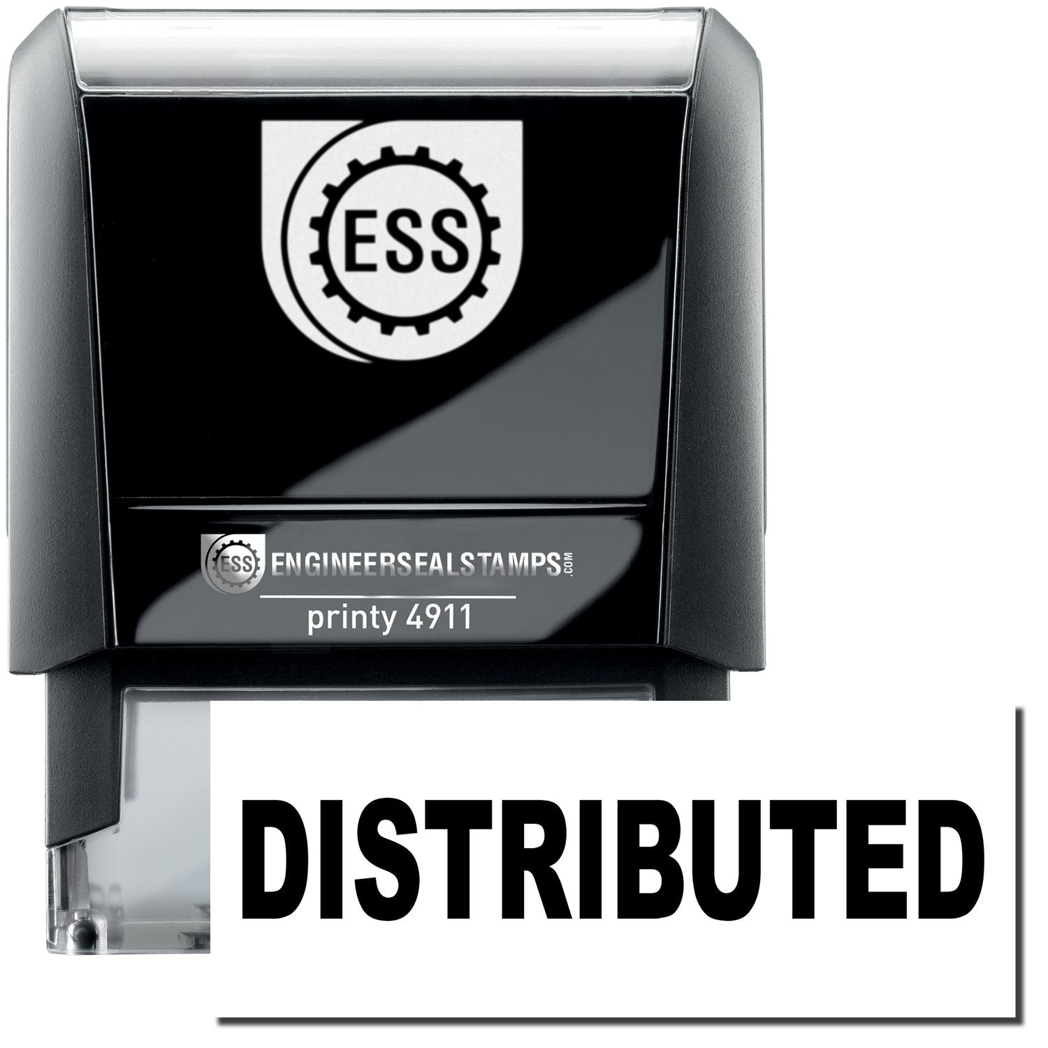 A self-inking stamp with a stamped image showing how the text DISTRIBUTED is displayed after stamping.