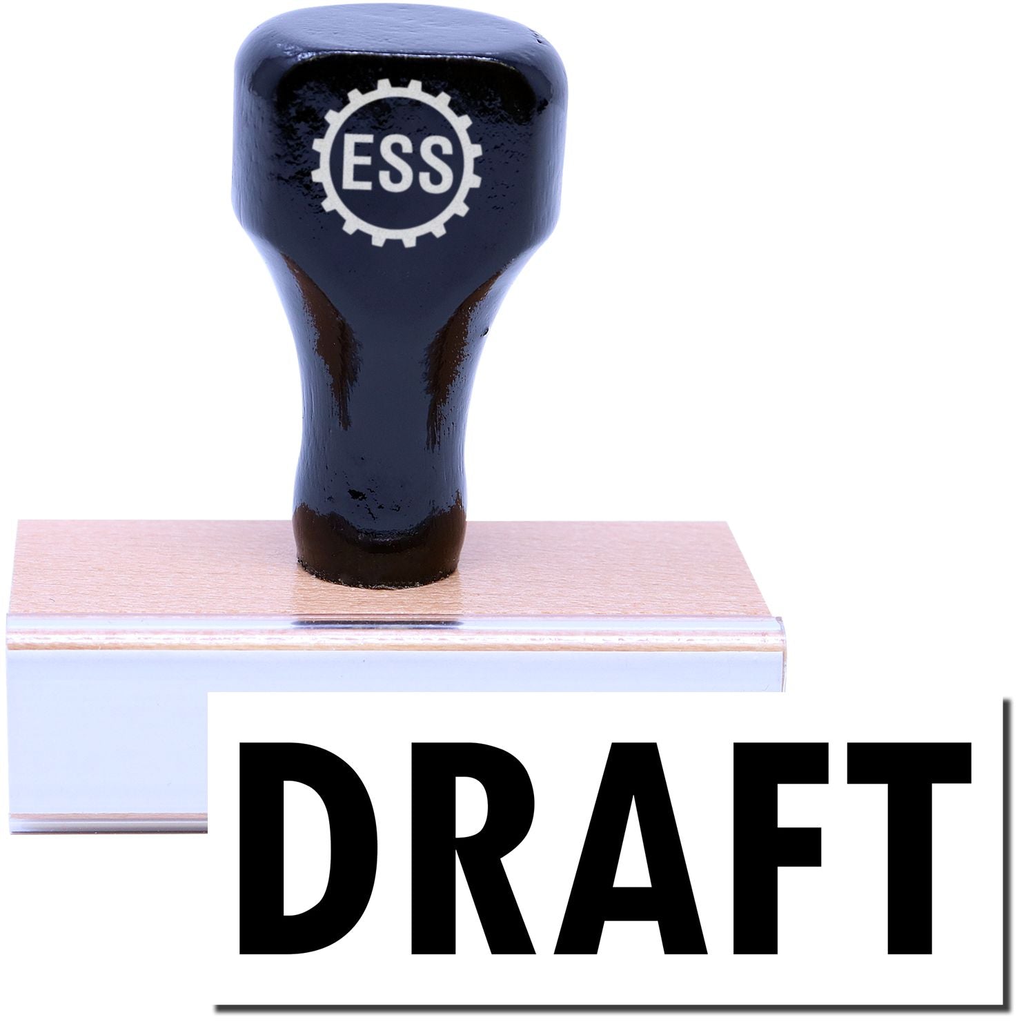 A stock office rubber stamp with a stamped image showing how the text DRAFT is displayed after stamping.