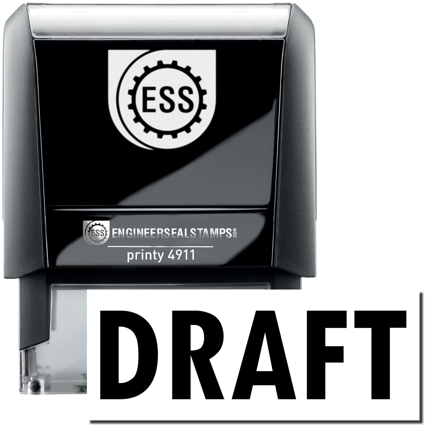 A self-inking stamp with a stamped image showing how the text DRAFT is displayed after stamping.