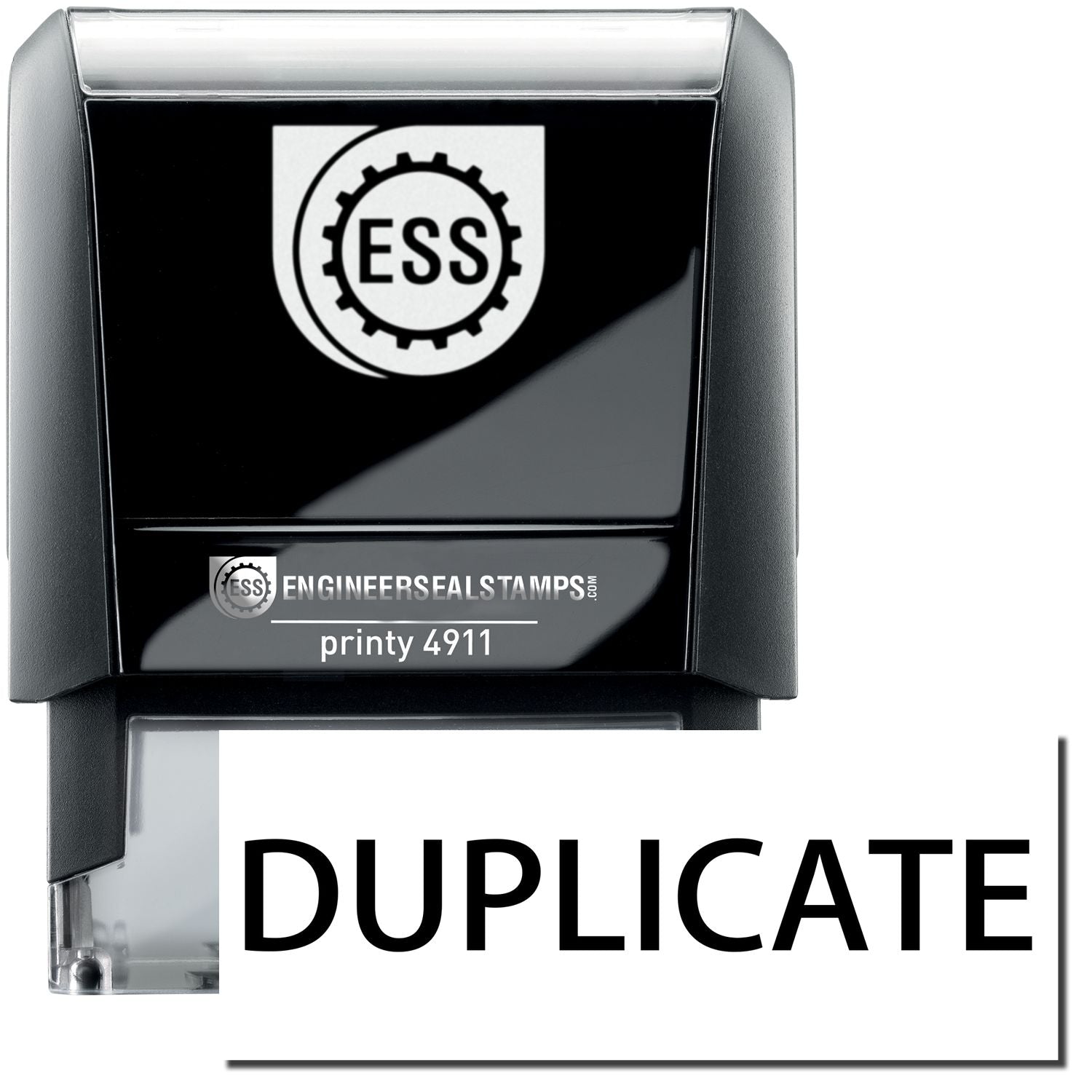 A self-inking stamp with a stamped image showing how the text DUPLICATE is displayed after stamping.