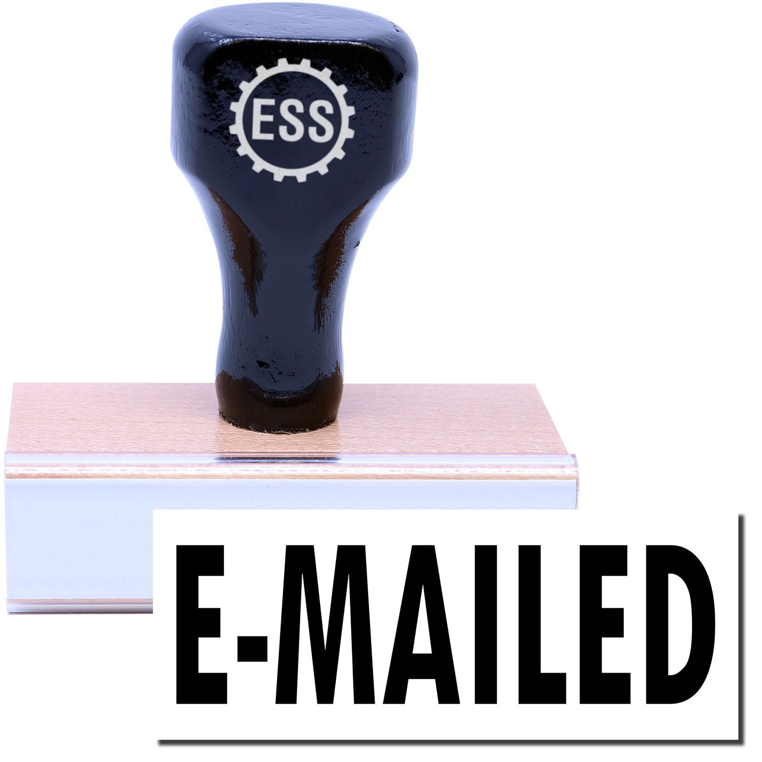 A stock office rubber stamp with a stamped image showing how the text E-MAILED is displayed after stamping.