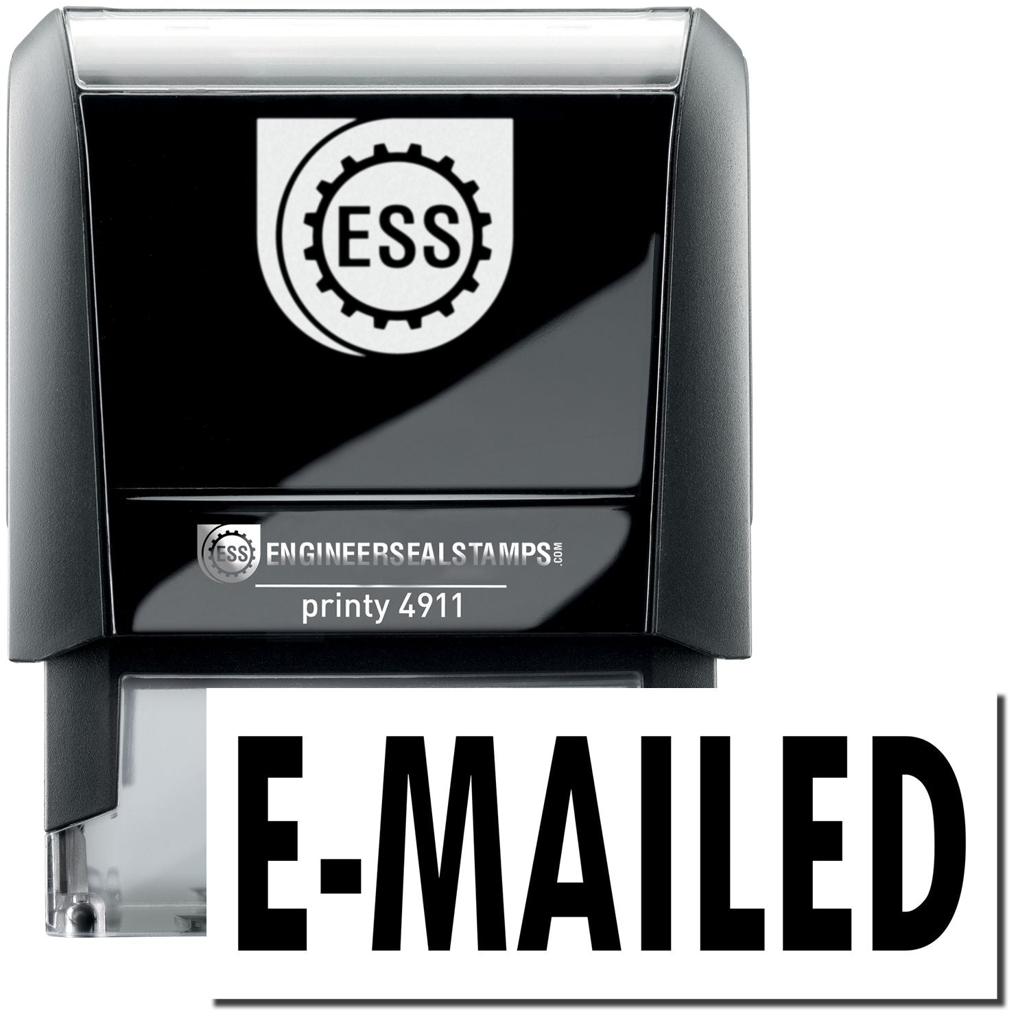 A self-inking stamp with a stamped image showing how the text E-MAILED is displayed after stamping.