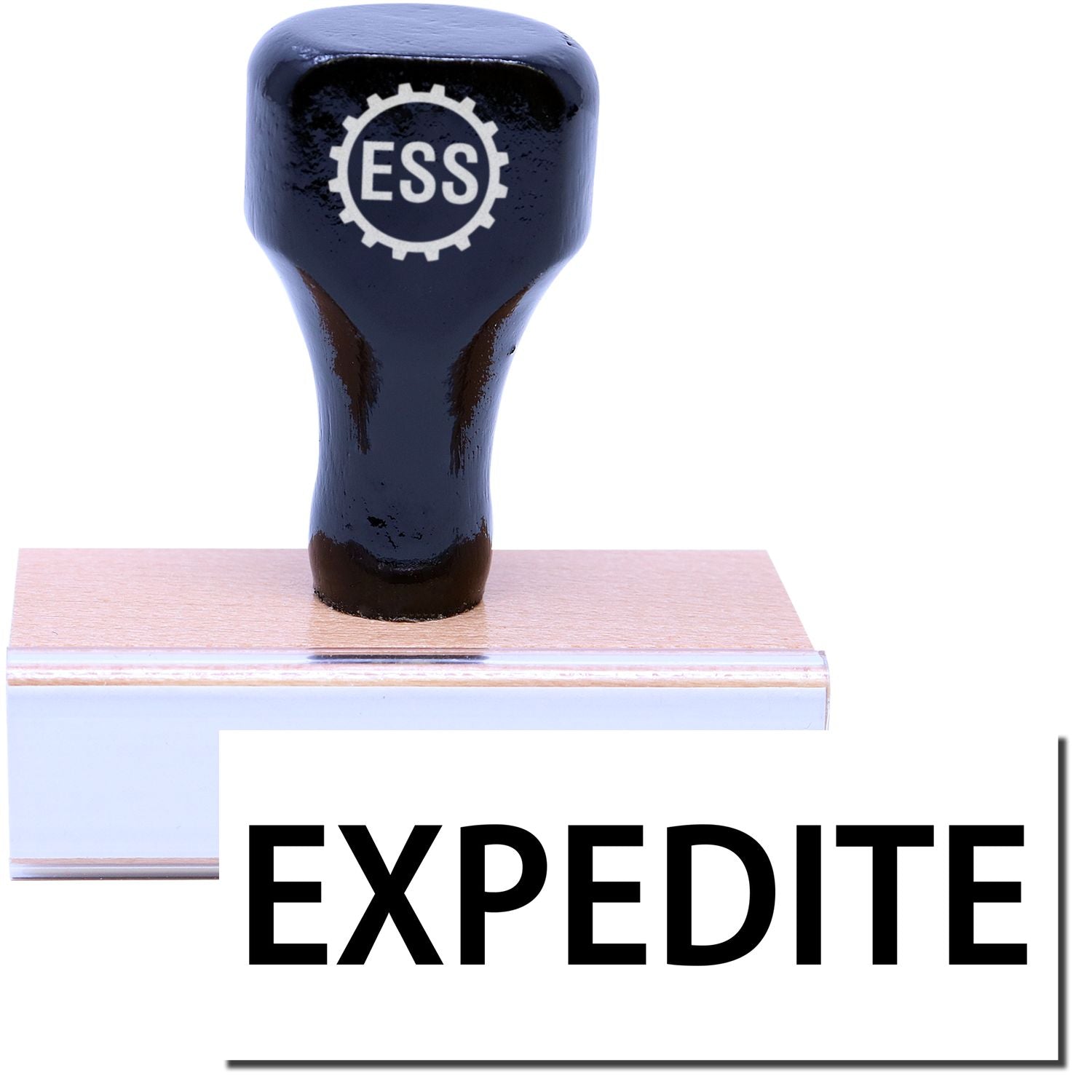 A stock office rubber stamp with a stamped image showing how the text EXPEDITE is displayed after stamping.