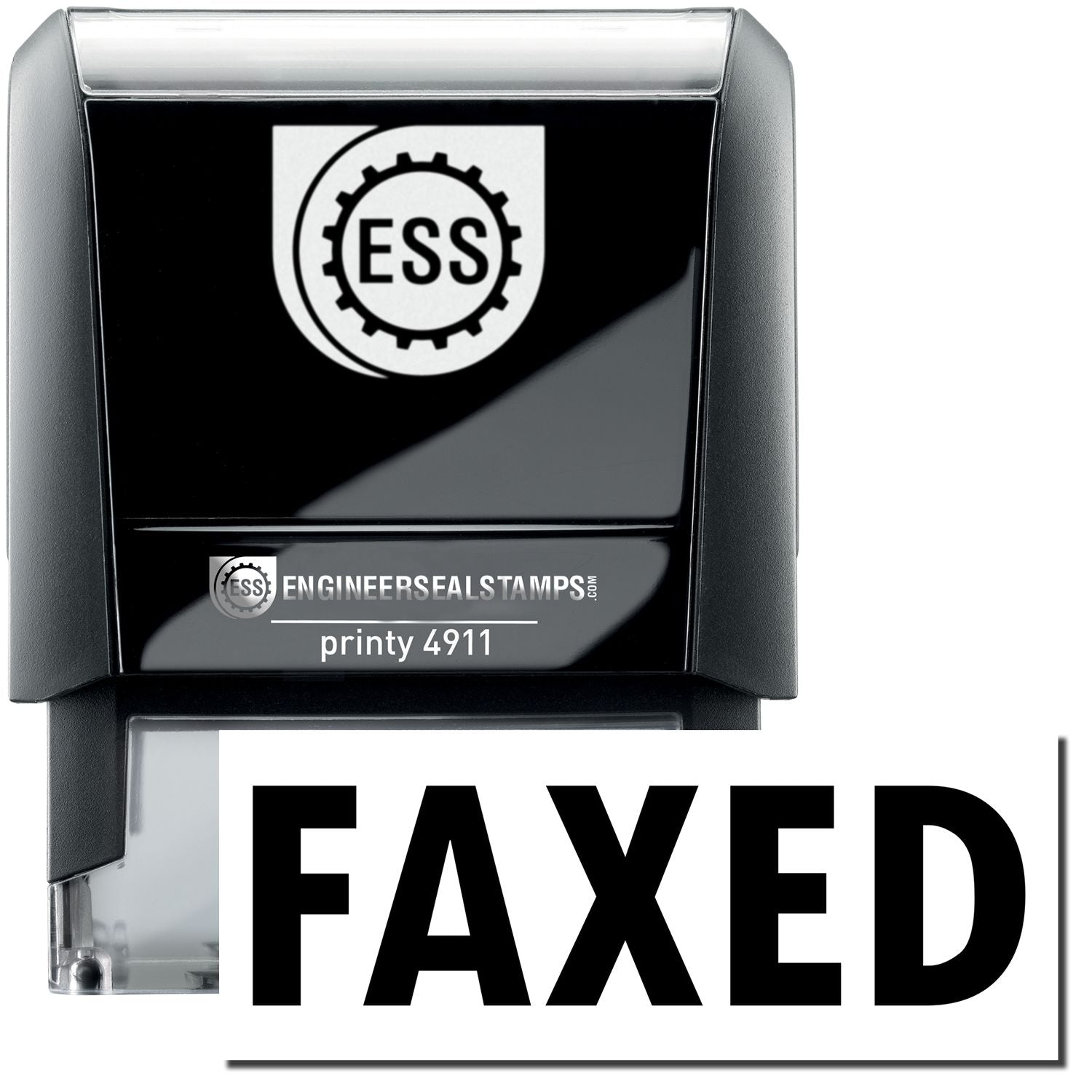 A self-inking stamp with a stamped image showing how the text FAXED is displayed after stamping.