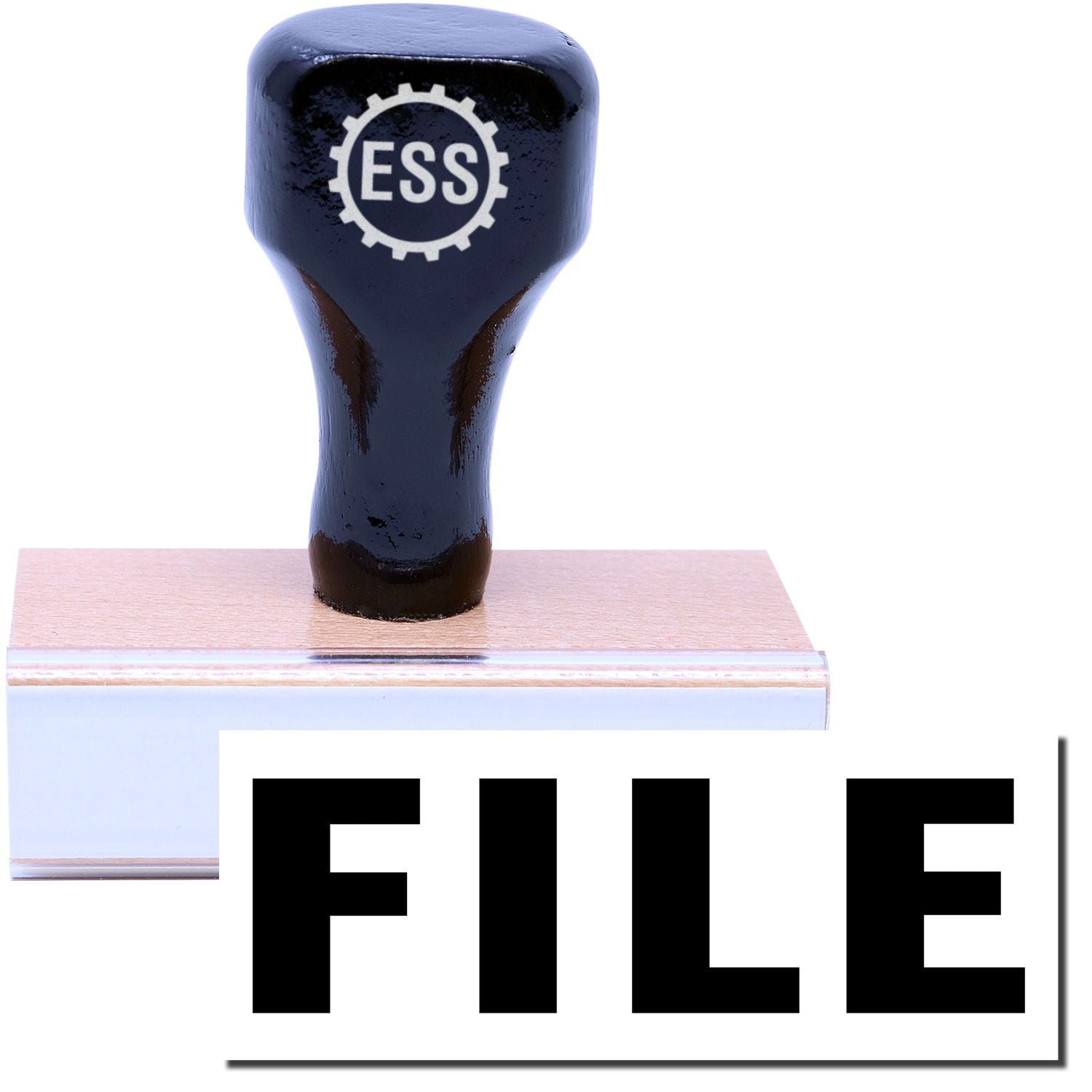 A stock office rubber stamp with a stamped image showing how the text FILE is displayed after stamping.