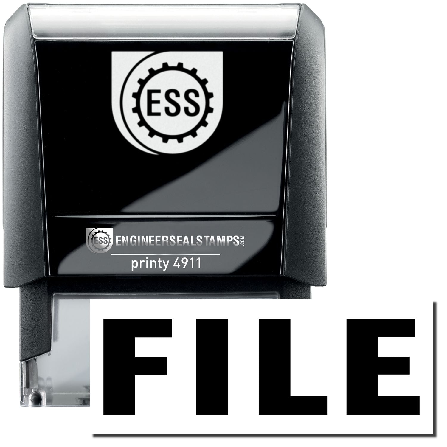 A self-inking stamp with a stamped image showing how the text FILE is displayed after stamping.