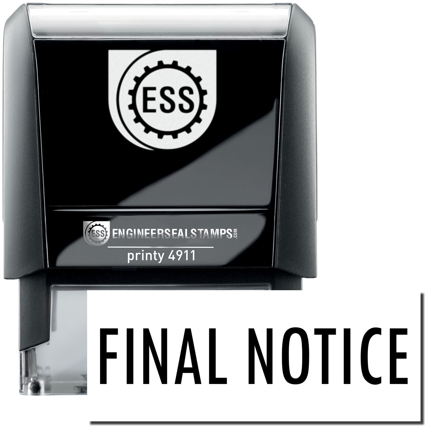 A self-inking stamp with a stamped image showing how the text FINAL NOTICE is displayed after stamping.