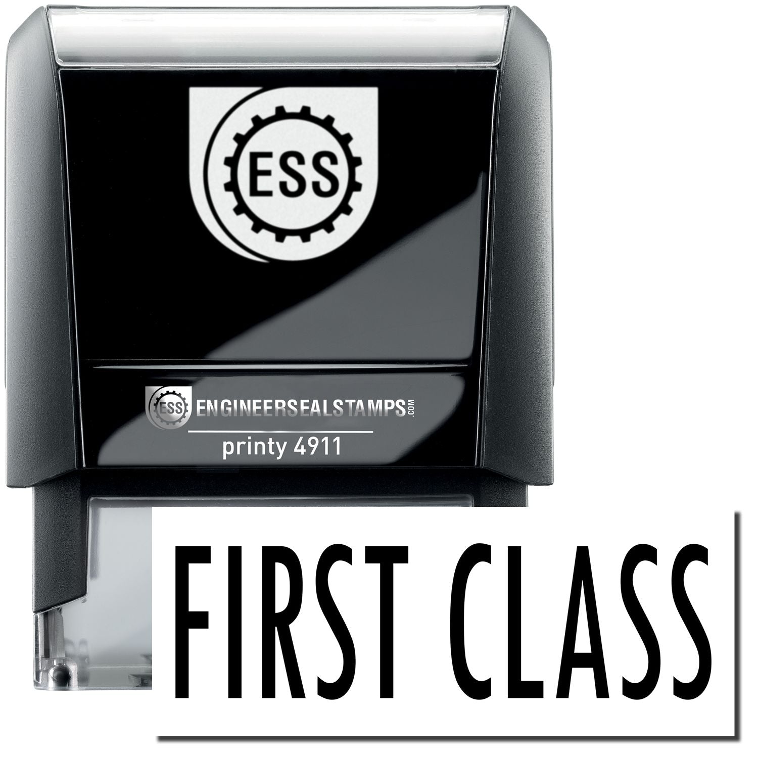 A self-inking stamp with a stamped image showing how the text FIRST CLASS is displayed after stamping.