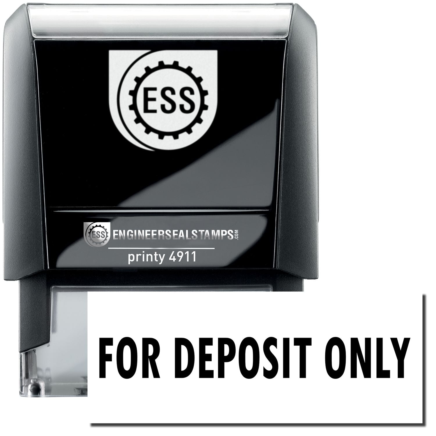 A self-inking stamp with a stamped image showing how the text FOR DEPOSIT ONLY is displayed after stamping.