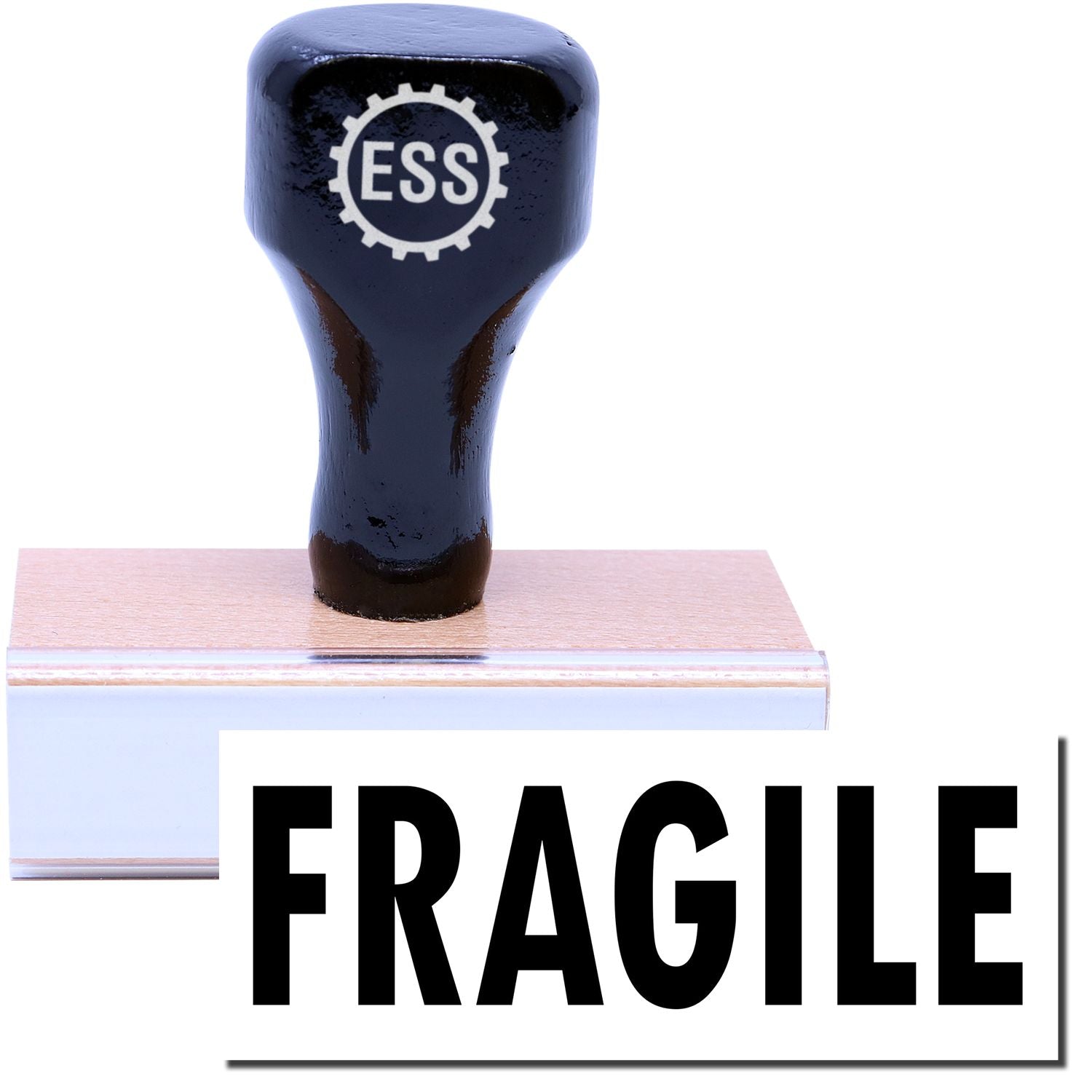 A stock office rubber stamp with a stamped image showing how the text FRAGILE is displayed after stamping.