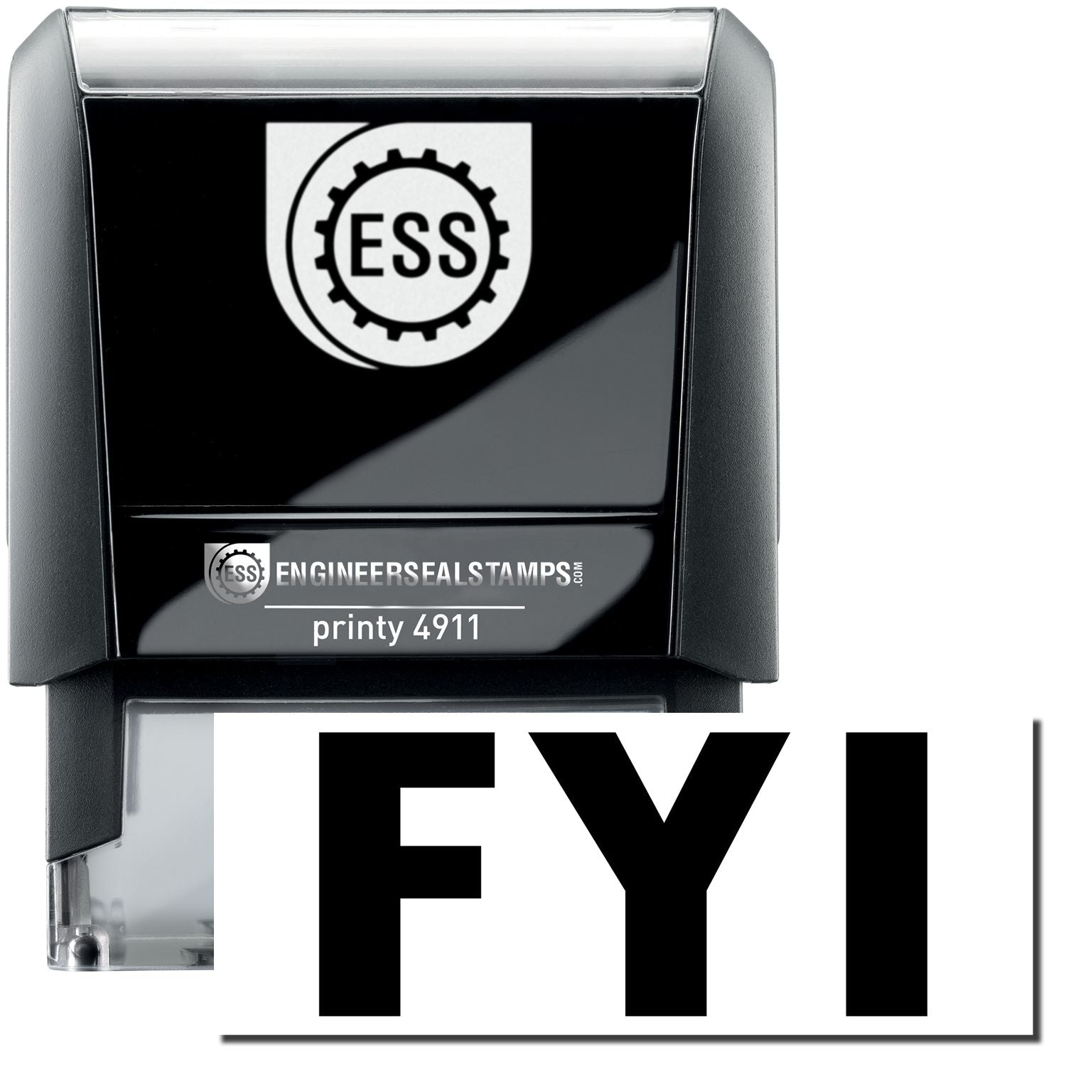 A self-inking stamp with a stamped image showing how the text FYI is displayed after stamping.