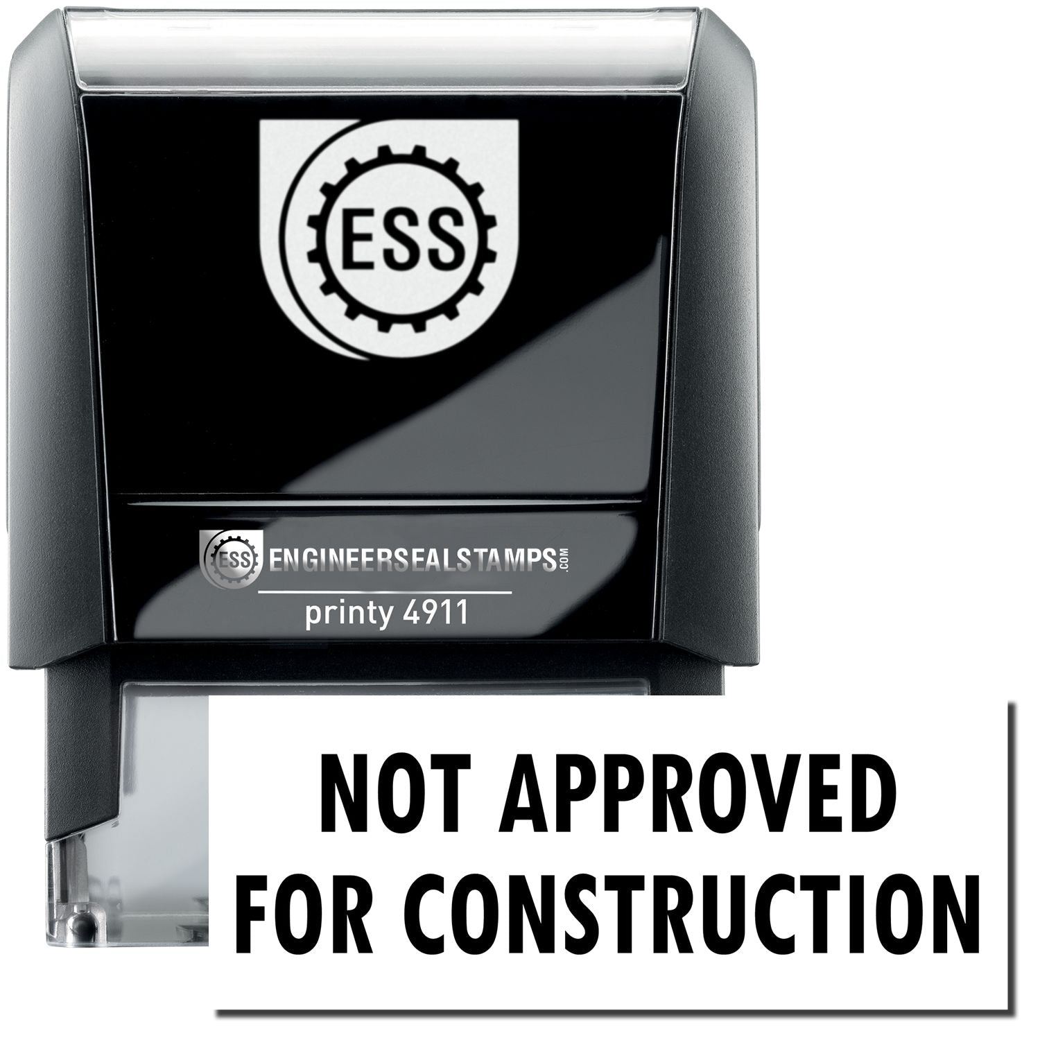 A self-inking stamp with a stamped image showing how the text NOT APPROVED FOR CONSTRUCTION is displayed after stamping.