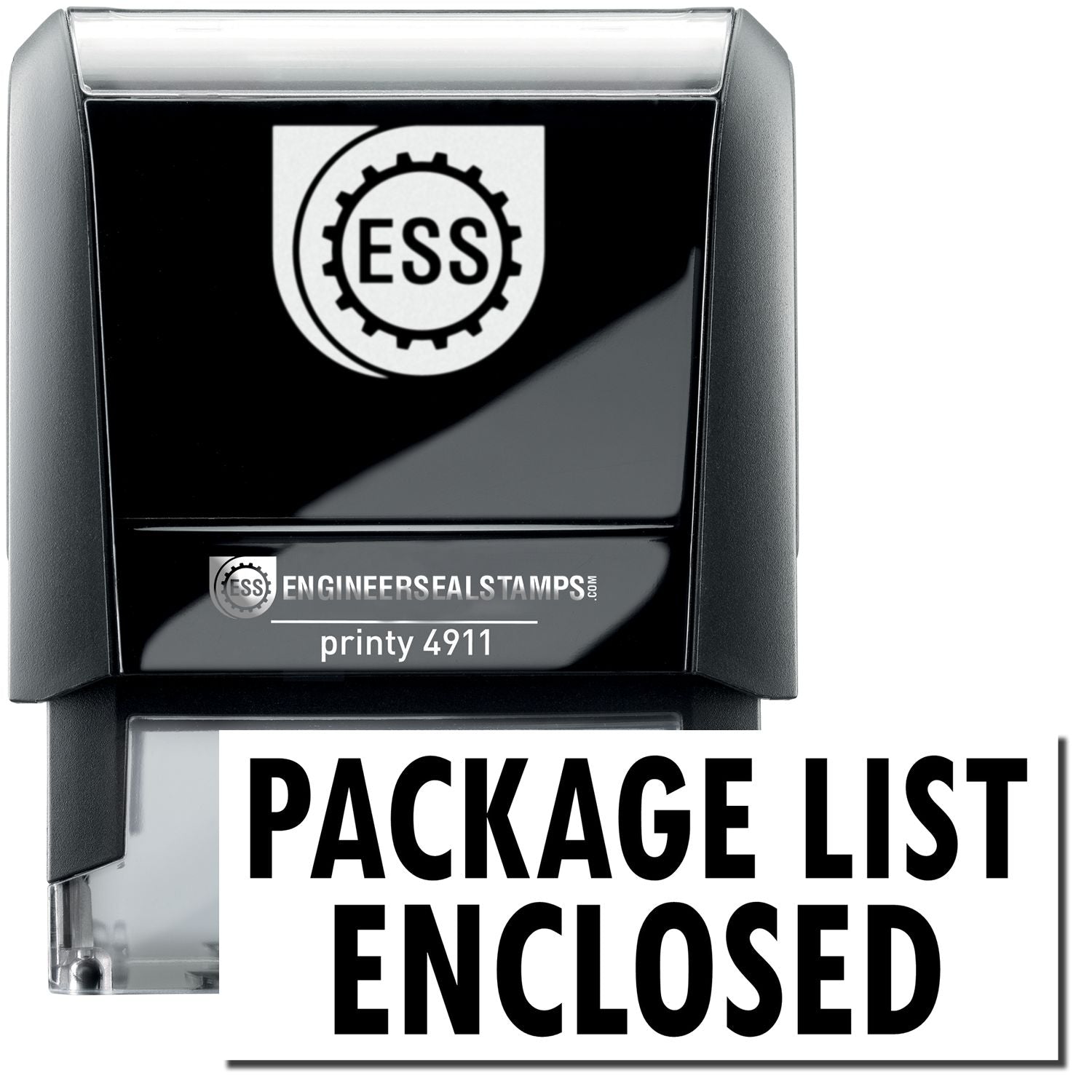 Self Inking Package List Enclosed Shipping Stamp with black casing and clear base, displaying PACKAGE LIST ENCLOSED text.