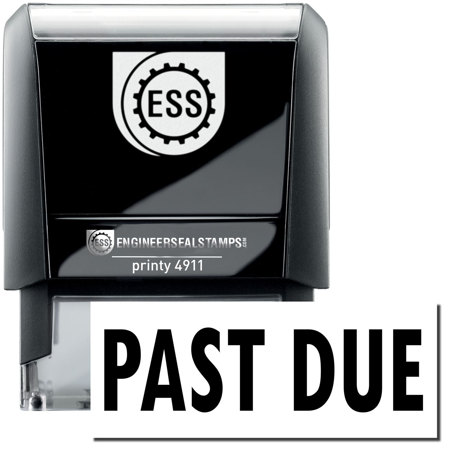 Self Inking Past Due Stamp with black casing and clear base, featuring the ESS logo. The stamp imprint reads PAST DUE in bold black letters.