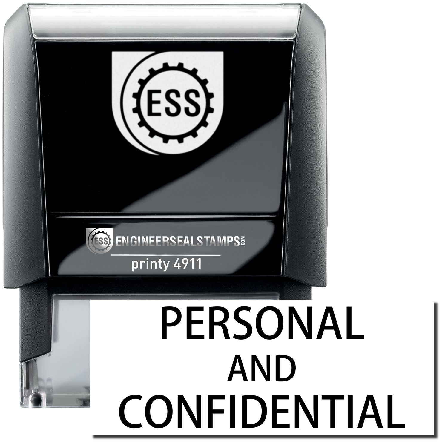 A self-inking stamp with a stamped image showing how the text PERSONAL AND CONFIDENTIAL is displayed after stamping.