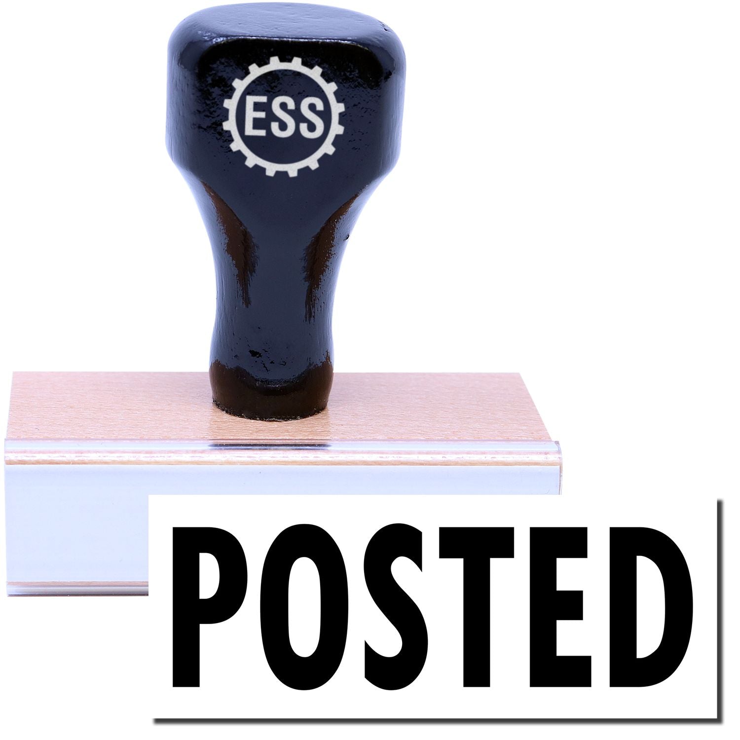 A stock office rubber stamp with a stamped image showing how the text POSTED is displayed after stamping.