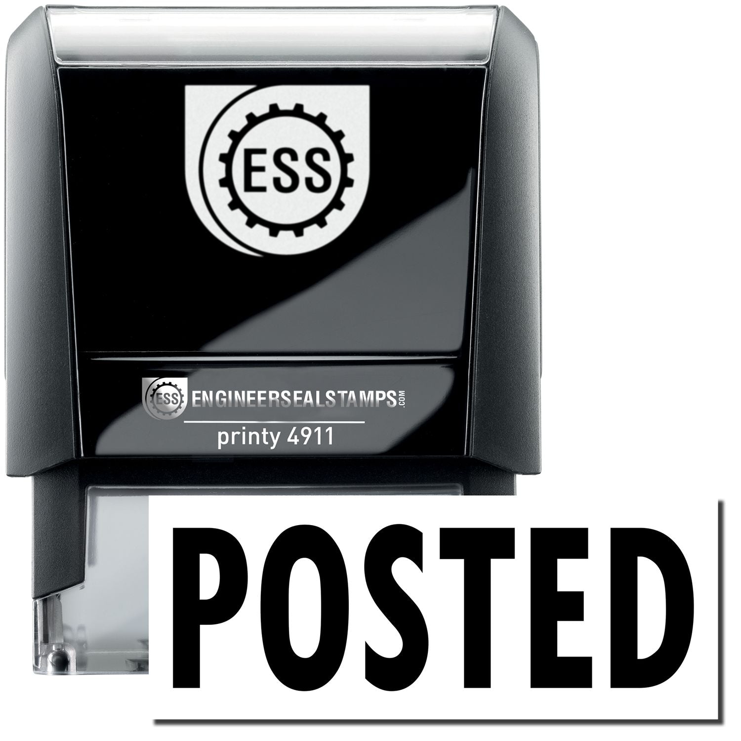 A self-inking stamp with a stamped image showing how the text POSTED is displayed after stamping.