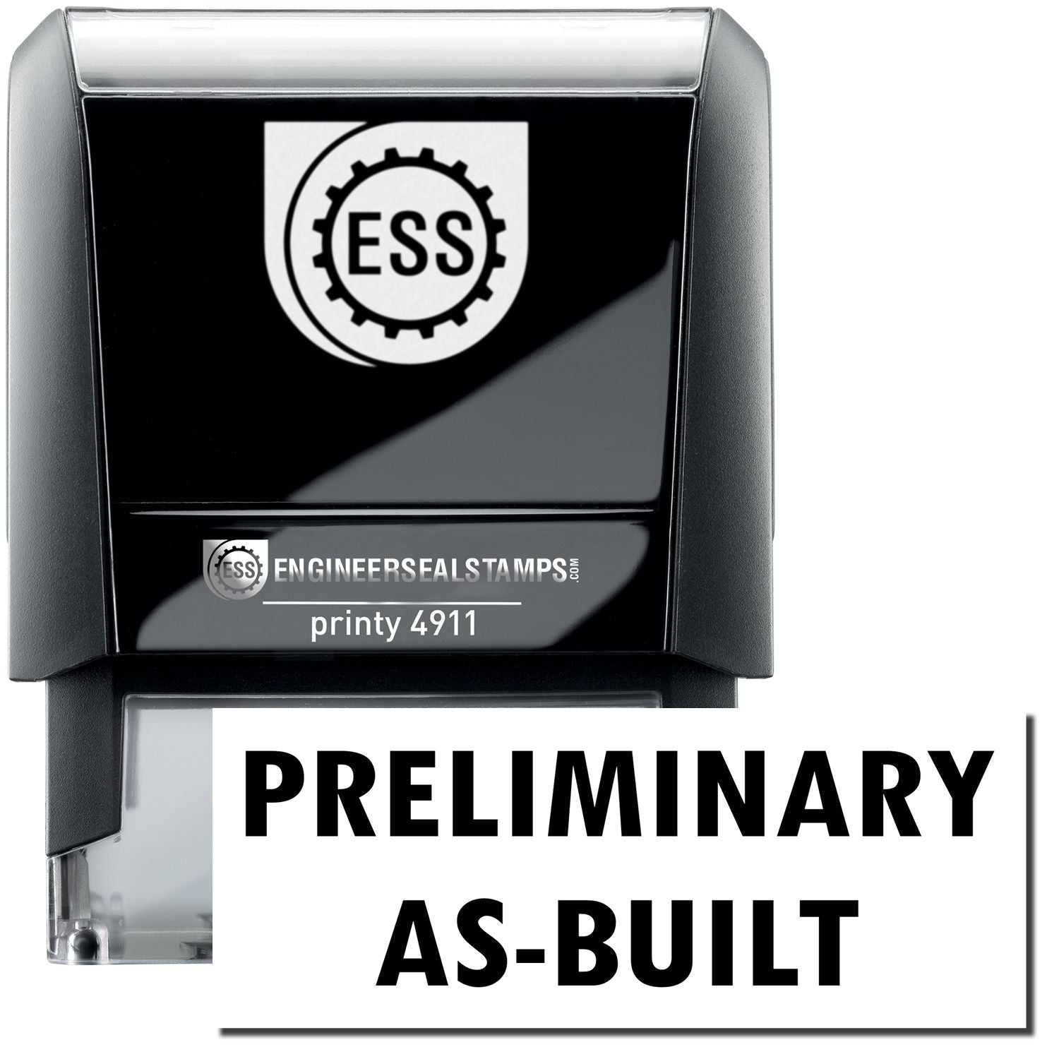 Self Inking Preliminary As Built Stamp with black casing and clear base, featuring the ESS logo and text PRELIMINARY AS-BUILT on a white background.