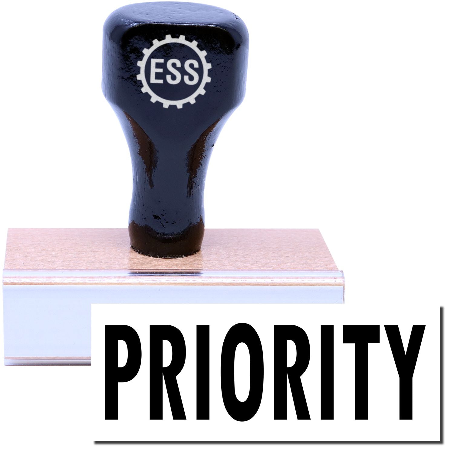 A stock office rubber stamp with a stamped image showing how the text PRIORITY is displayed after stamping.