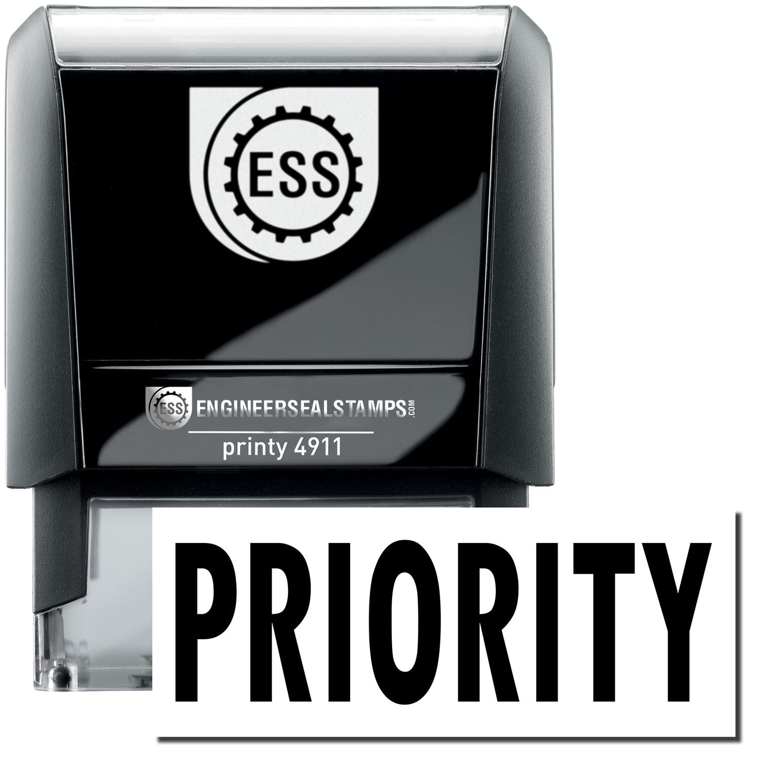 A self-inking stamp with a stamped image showing how the text PRIORITY is displayed after stamping.