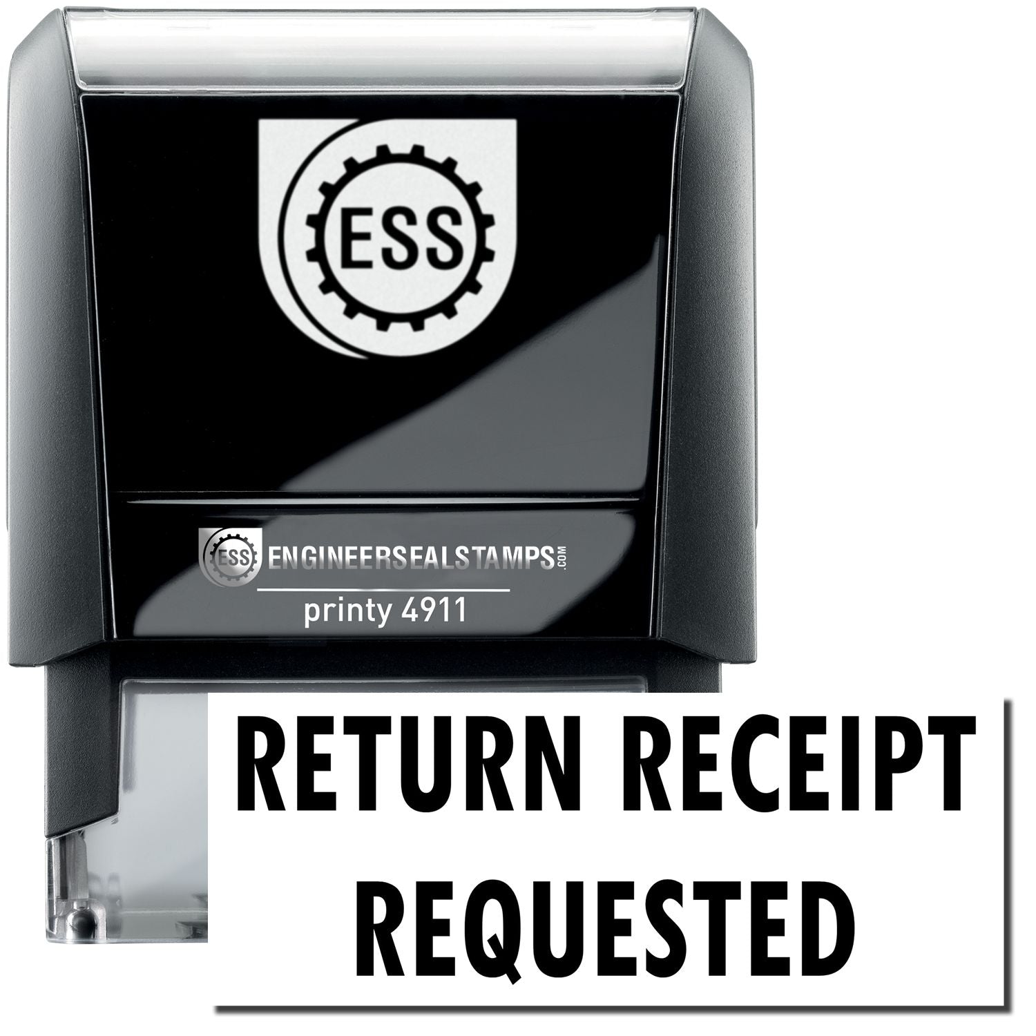 Self Inking Return Receipt Requested Stamp by ESS, black and white, with clear imprint of RETURN RECEIPT REQUESTED text.