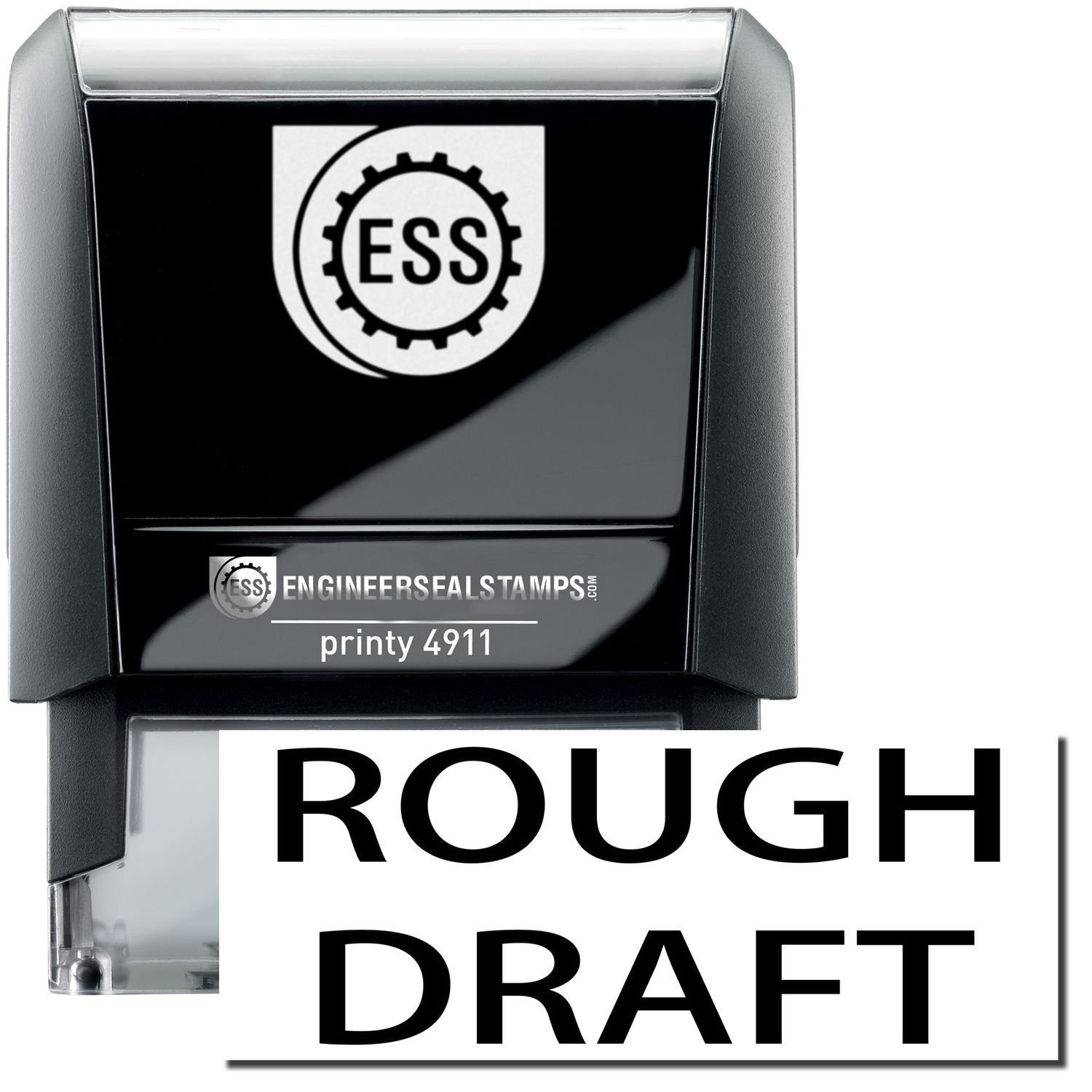 Self Inking Rough Draft Stamp by ESS, black and gray, with ROUGH DRAFT text imprint shown below the stamp.