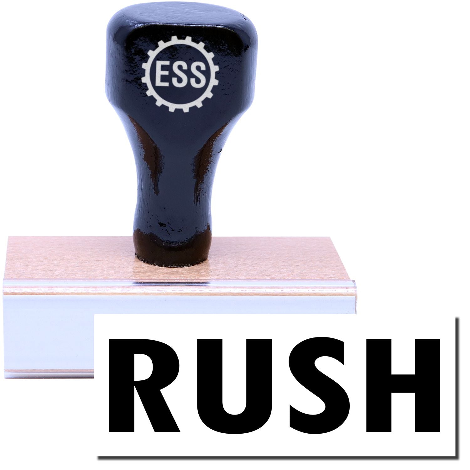 A stock office rubber stamp with a stamped image showing how the text RUSH is displayed after stamping.