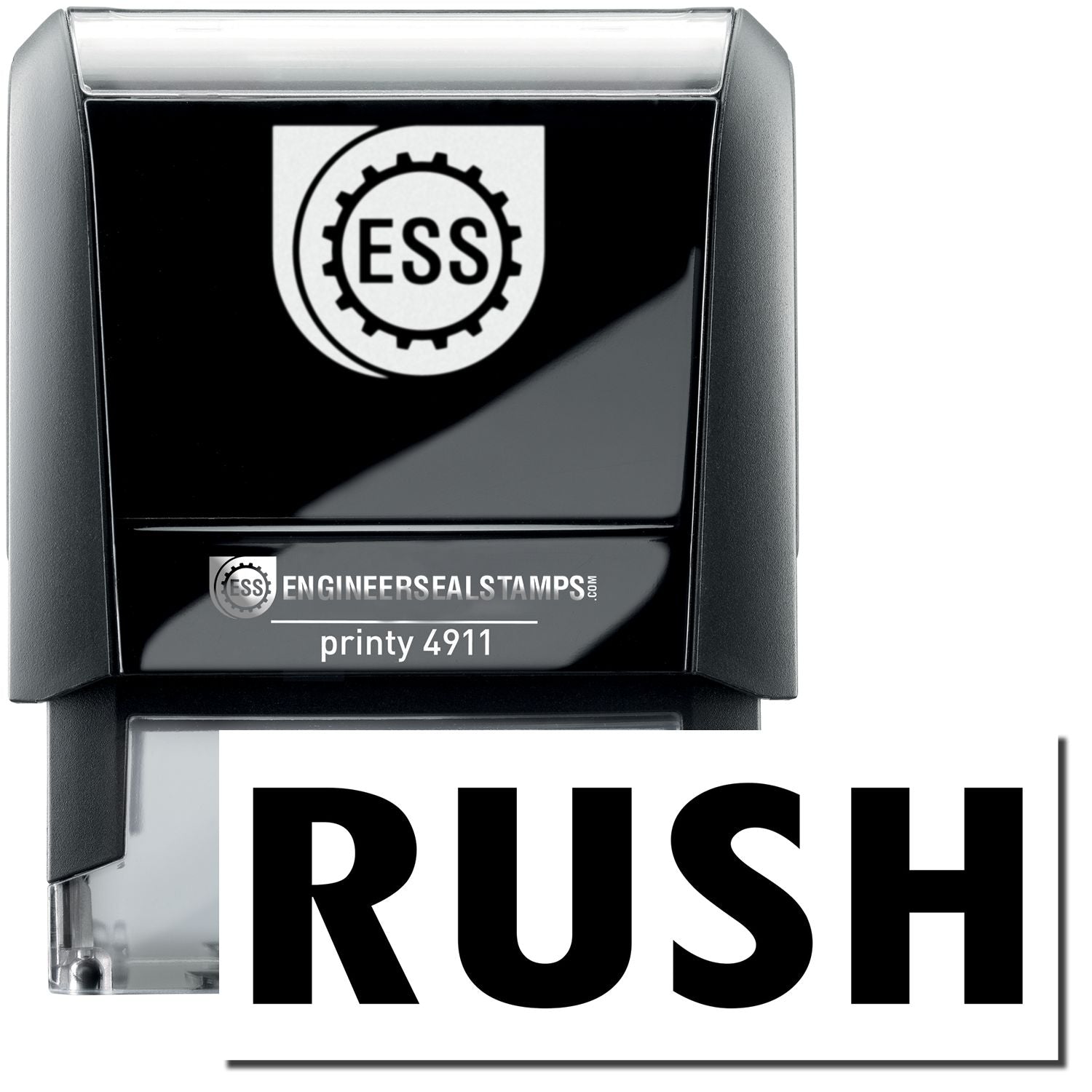 Self Inking Rush Stamp with black casing, ESS logo, and the word RUSH stamped in bold black letters.