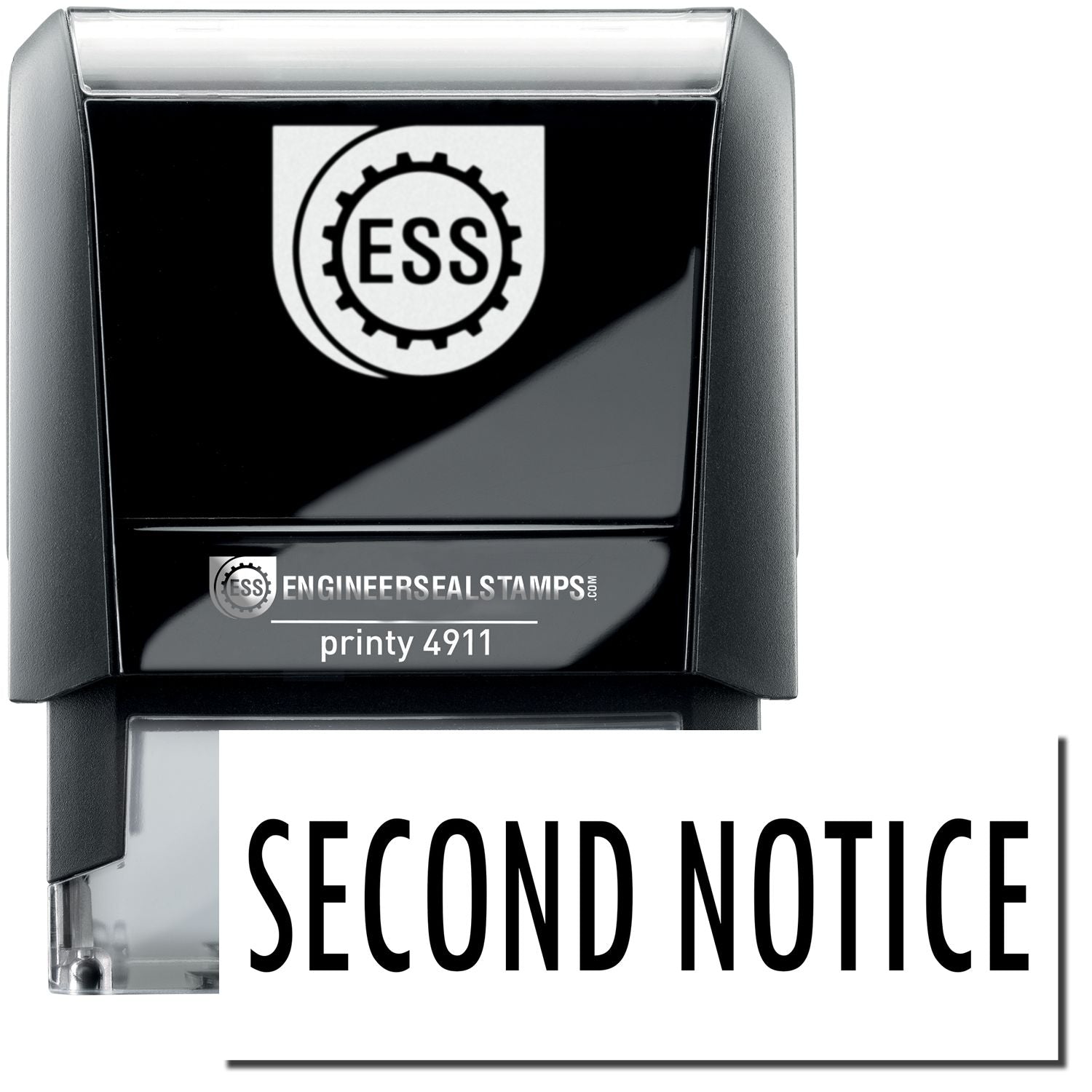 A self-inking stamp with a stamped image showing how the text SECOND NOTICE is displayed after stamping.