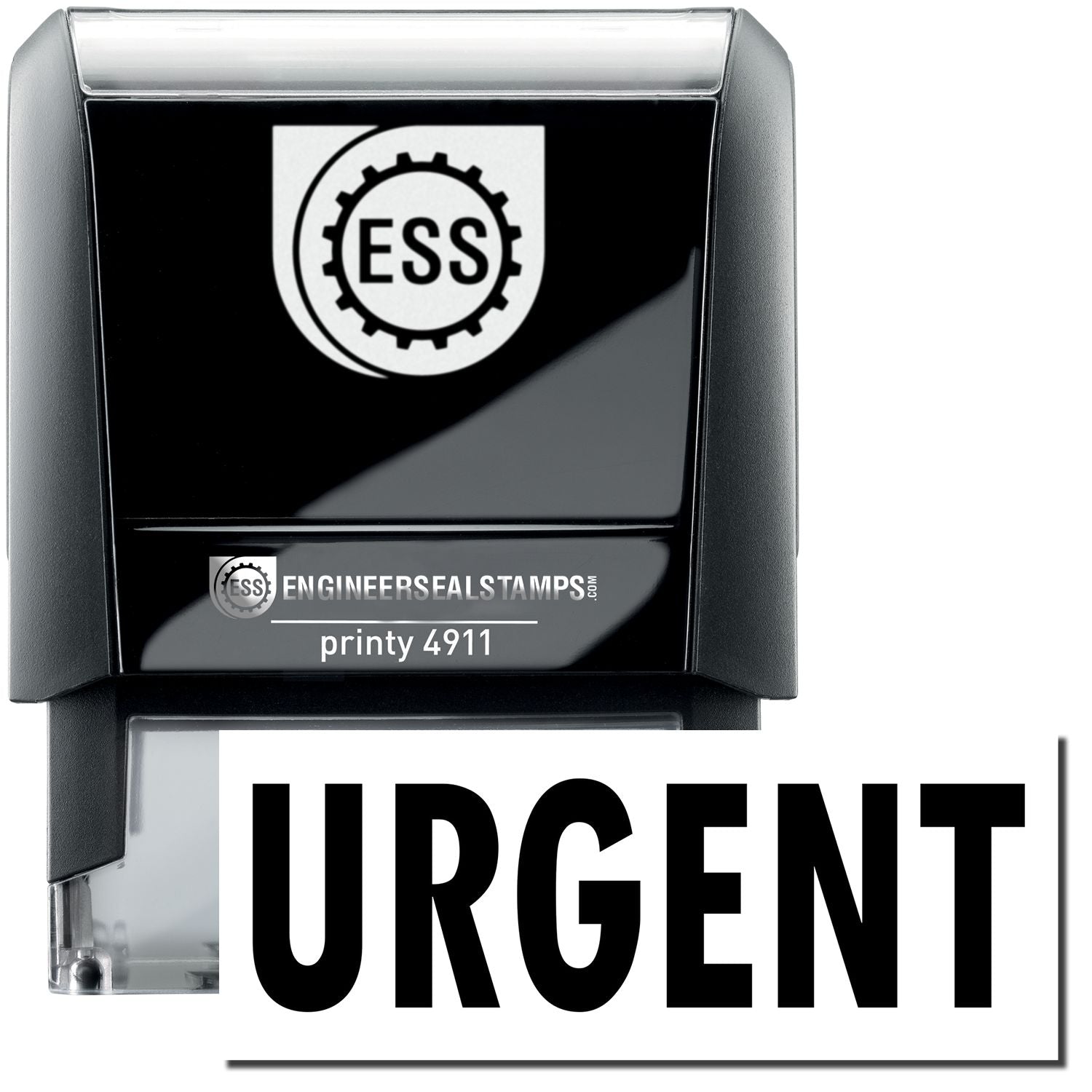 A self-inking stamp with a stamped image showing how the text URGENT is displayed after stamping.