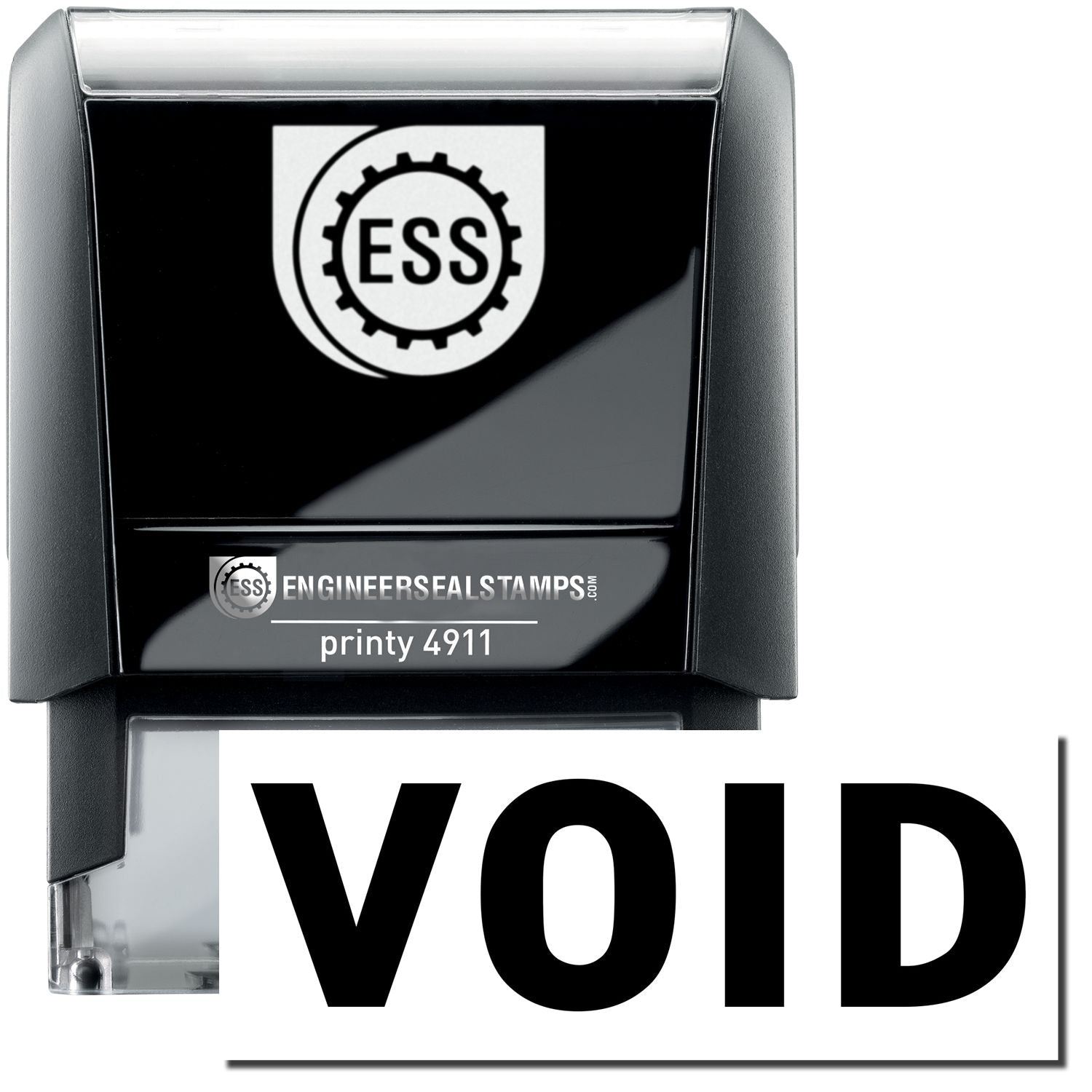 A self-inking stamp with a stamped image showing how the text VOID is displayed after stamping.