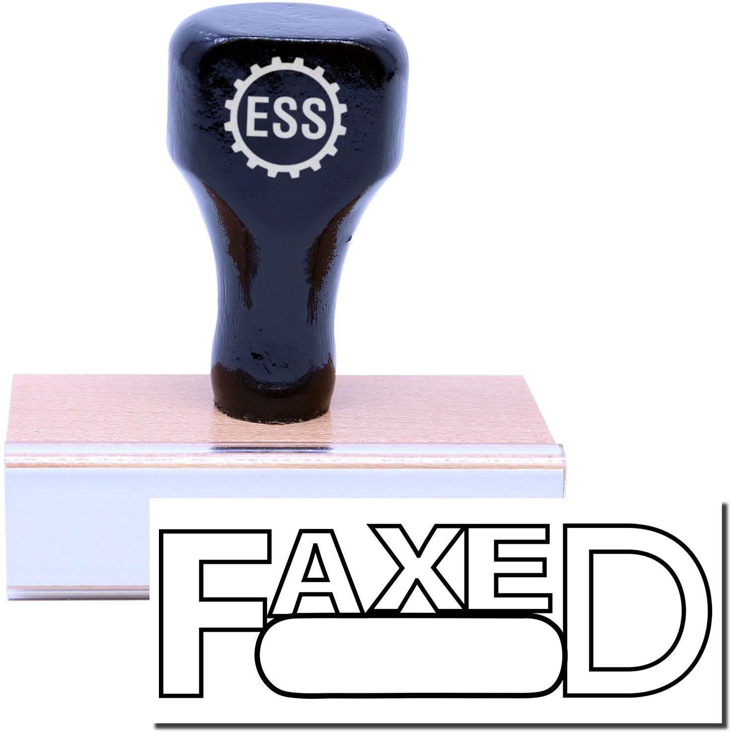 A stock office rubber stamp with a stamped image showing how the text FAXED in an outline font with a round date box is displayed after stamping.