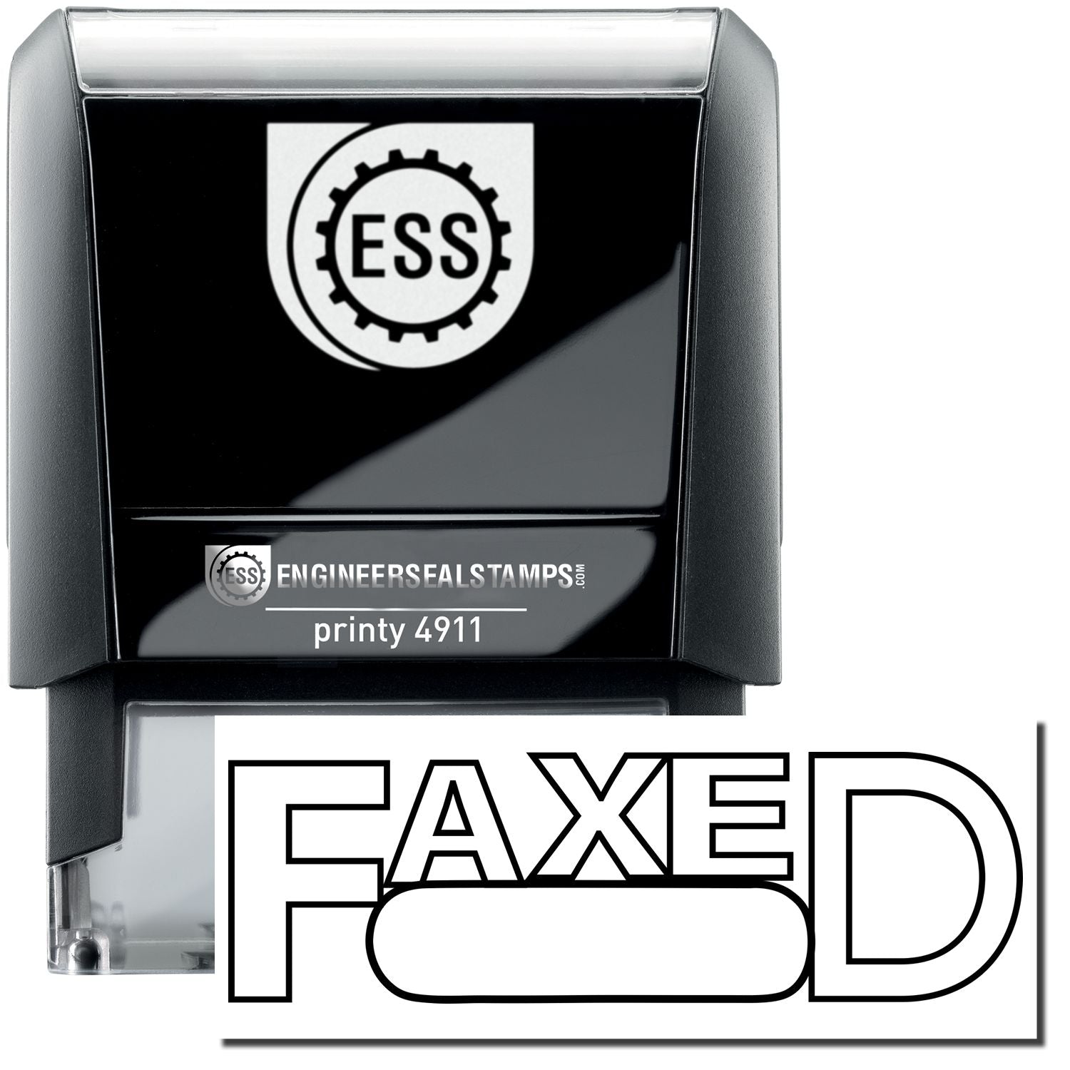 A self-inking stamp with a stamped image showing how the text FAXED in an outline style with a round date box is displayed after stamping.