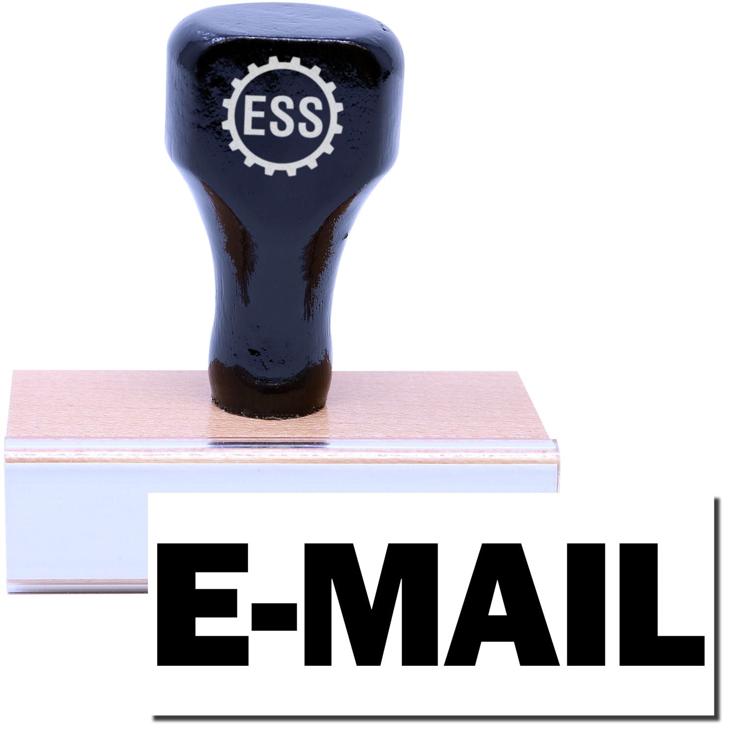 A stock office rubber stamp with a stamped image showing how the text E-MAIL is displayed after stamping.