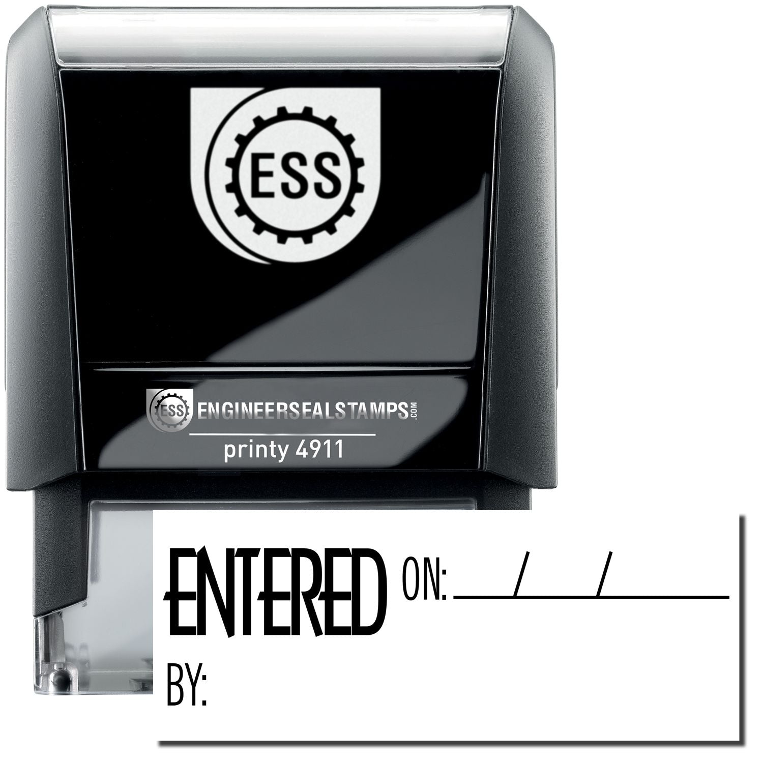 A self-inking stamp with a stamped image showing how the text ENTERED ON: with space for mentioning a date is given and under it, the text BY: with space for mentioning the name of the person who did the work is given is displayed after stamping.